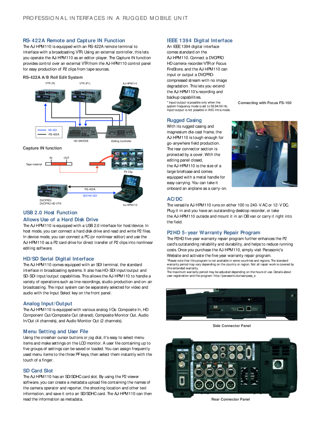 Panasonic AJ-HPM110 RS-422A Remote and Capture in Function, Ieee 1394 Digital Interface, HD/SD Serial Digital Interface 