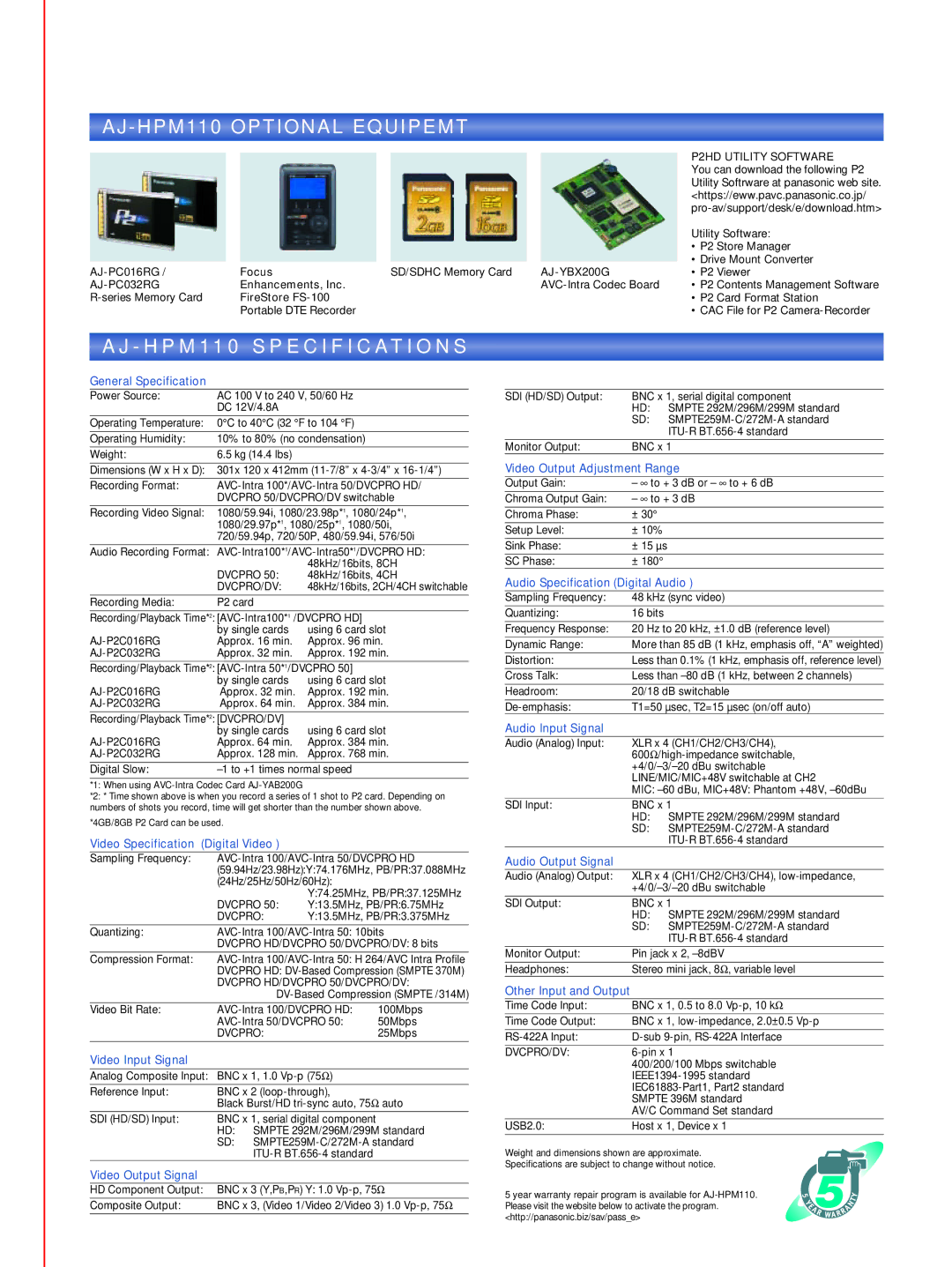 Panasonic AJ-HPM110 manual AJ HPM110 Optional Equipemt 