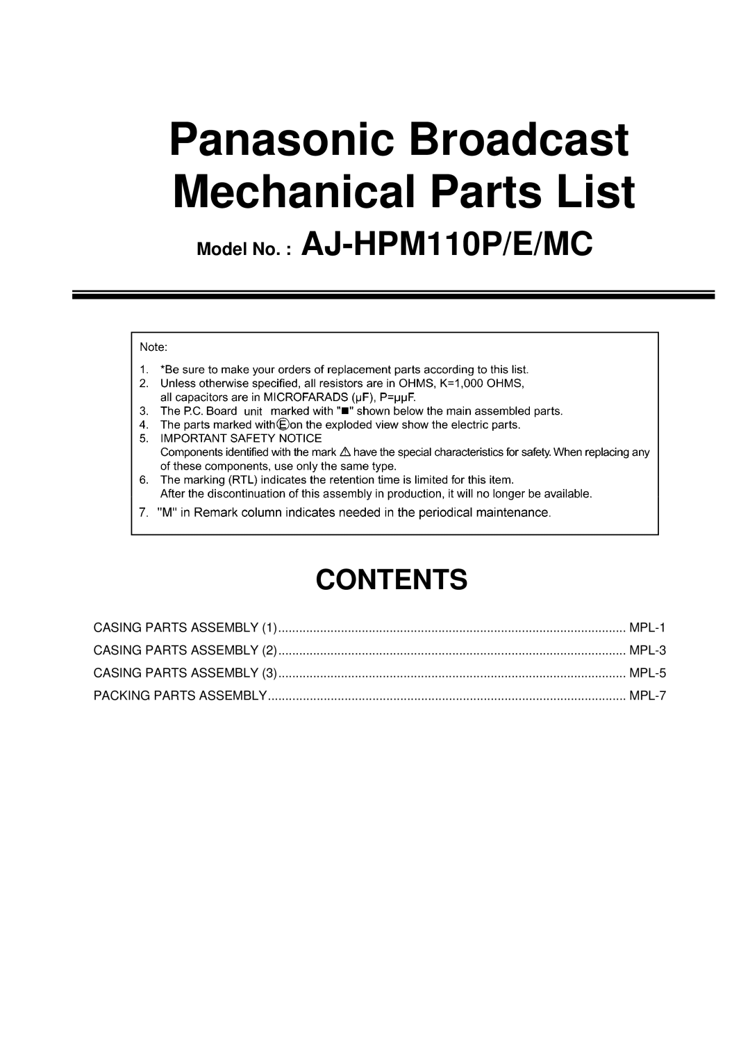 Panasonic AJ-HPM110MC manual Panasonic Broadcast Mechanical Parts List 