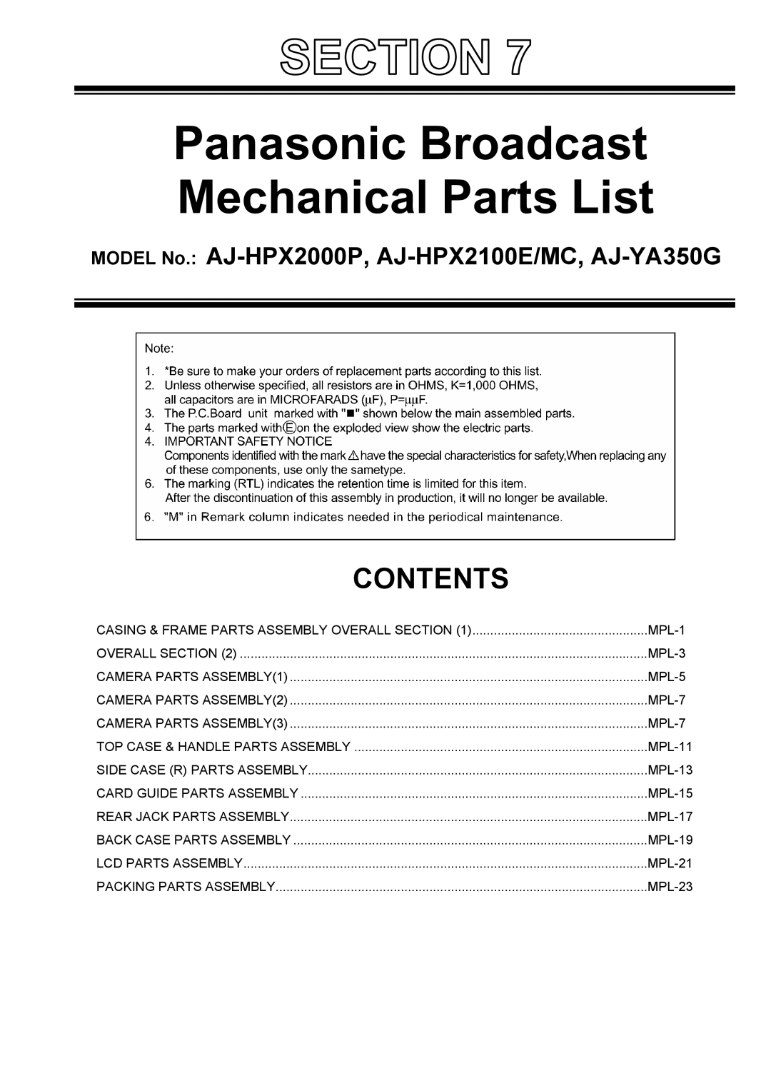 Panasonic AJ-HPX2100MC, AJ-HPX2100E, AJ-HPX2000P, AJ-YA350G manual Panasonic Broadcast Mechanical Parts List 