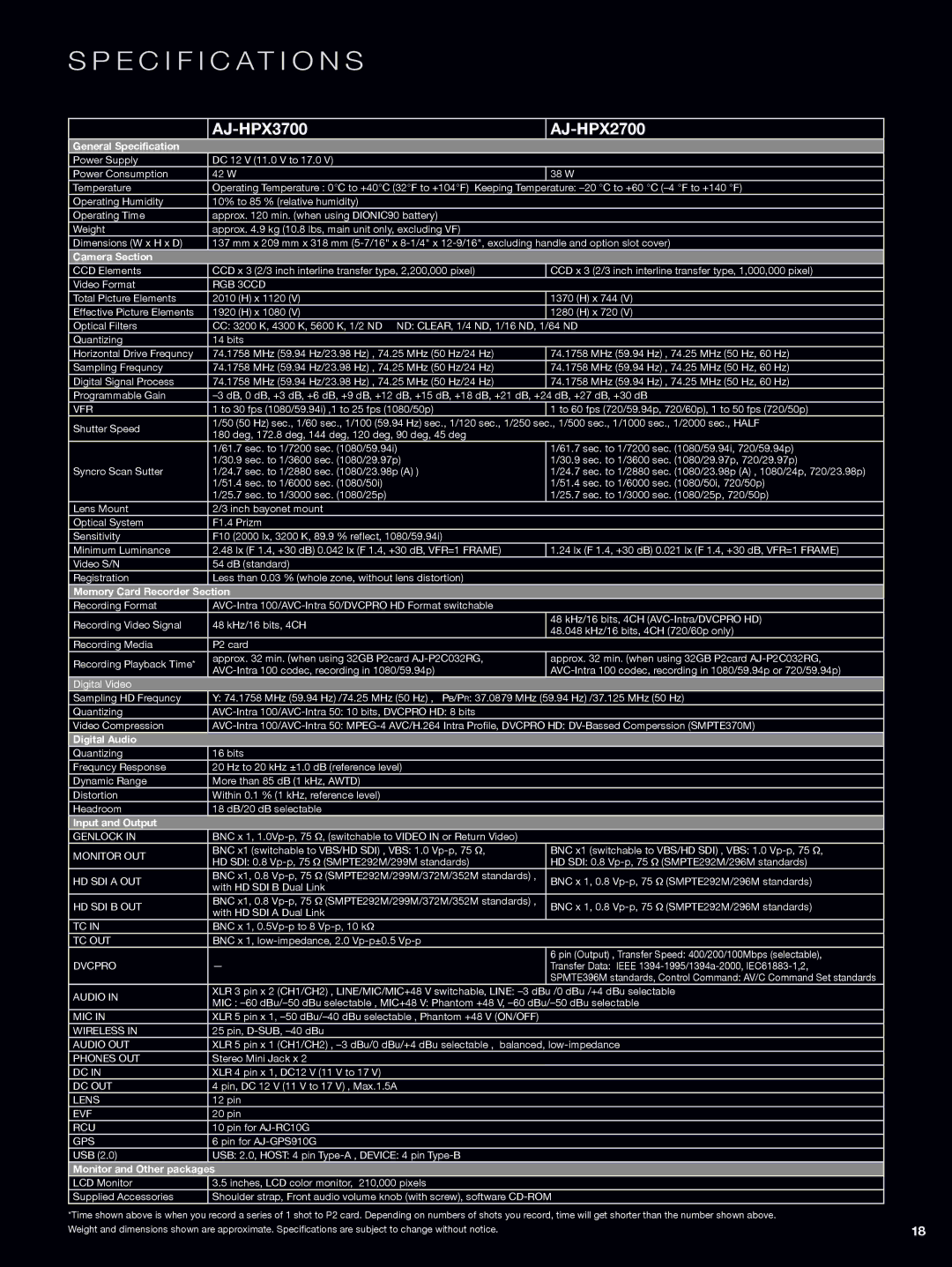 Panasonic AJ-HPX3700, AJ-HPX2700 manual Specification s 