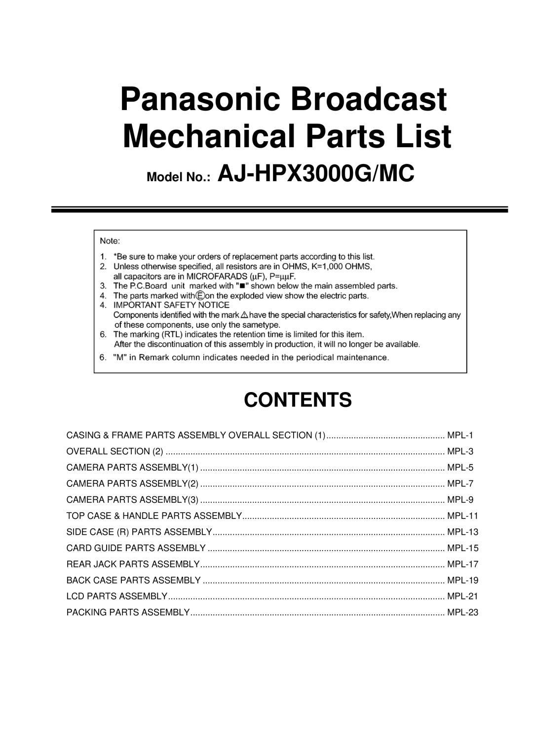 Panasonic AJ-HPX3000MC manual Panasonic Broadcast Mechanical Parts List 