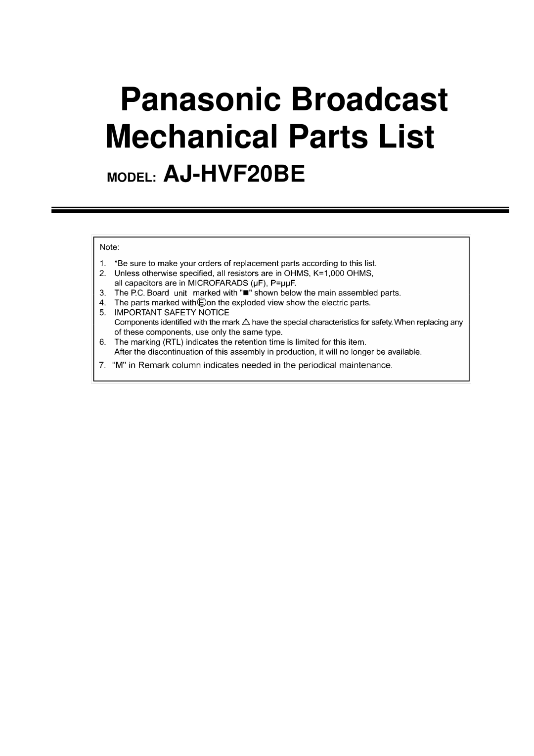 Panasonic AJ-HVF20BE manual Panasonic Broadcast Mechanical Parts List 