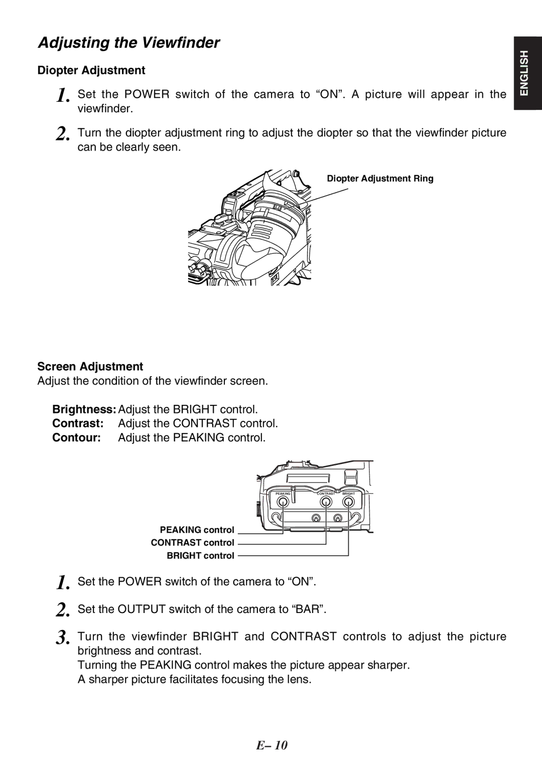 Panasonic AJ-HVF27P, AJ-HVF20P operating instructions Diopter Adjustment, Screen Adjustment 