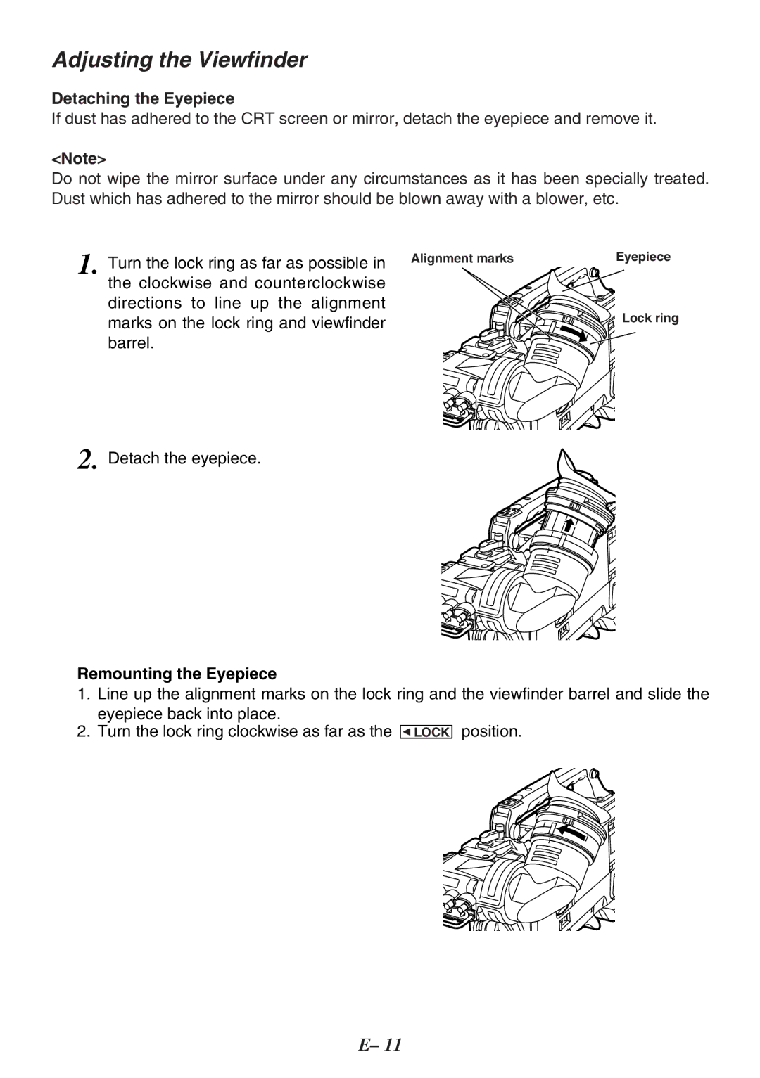 Panasonic AJ-HVF20P, AJ-HVF27P Detaching the Eyepiece, Turn the lock ring as far as possible, Remounting the Eyepiece 