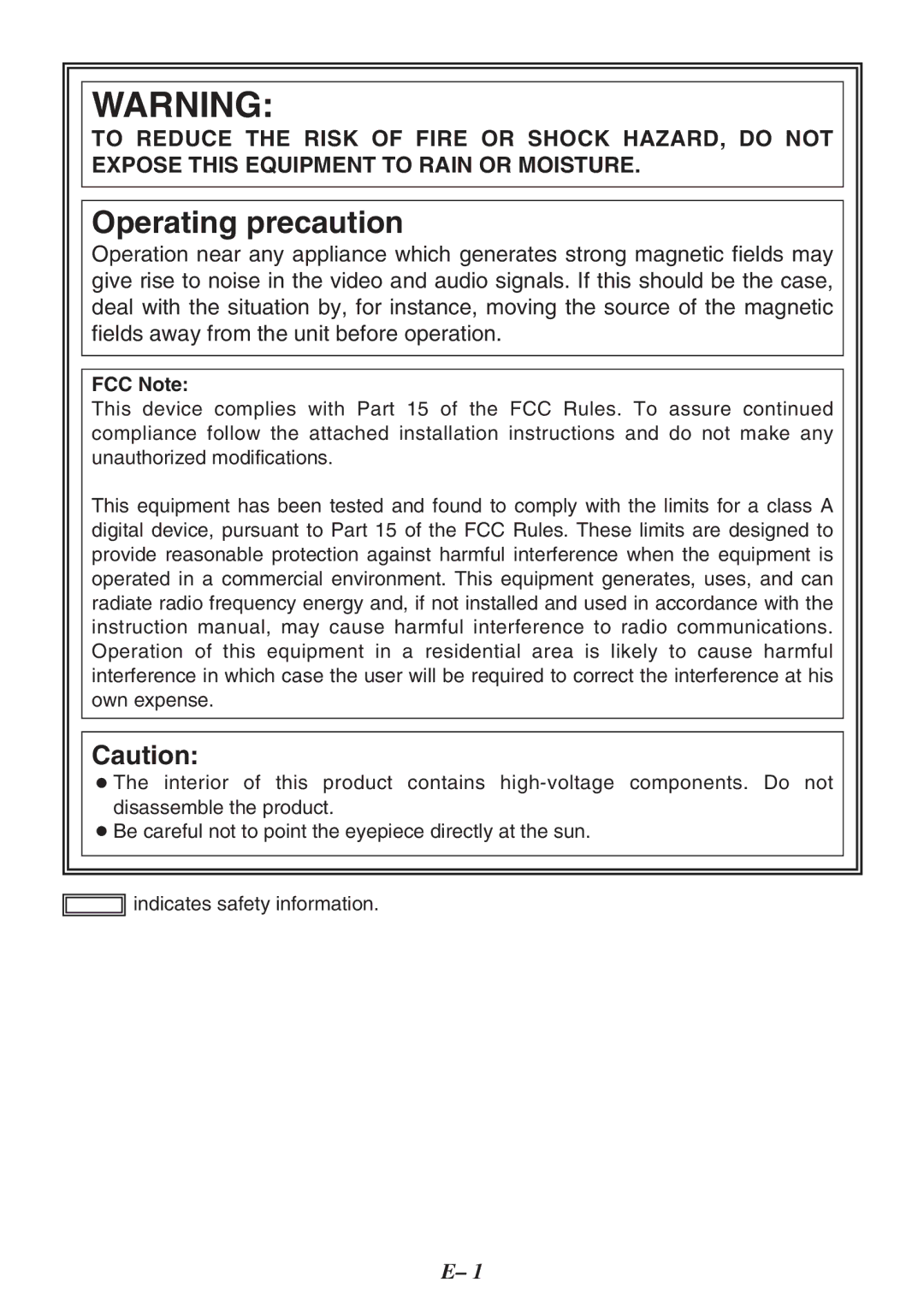 Panasonic AJ-HVF20P, AJ-HVF27P operating instructions Operating precaution, FCC Note 