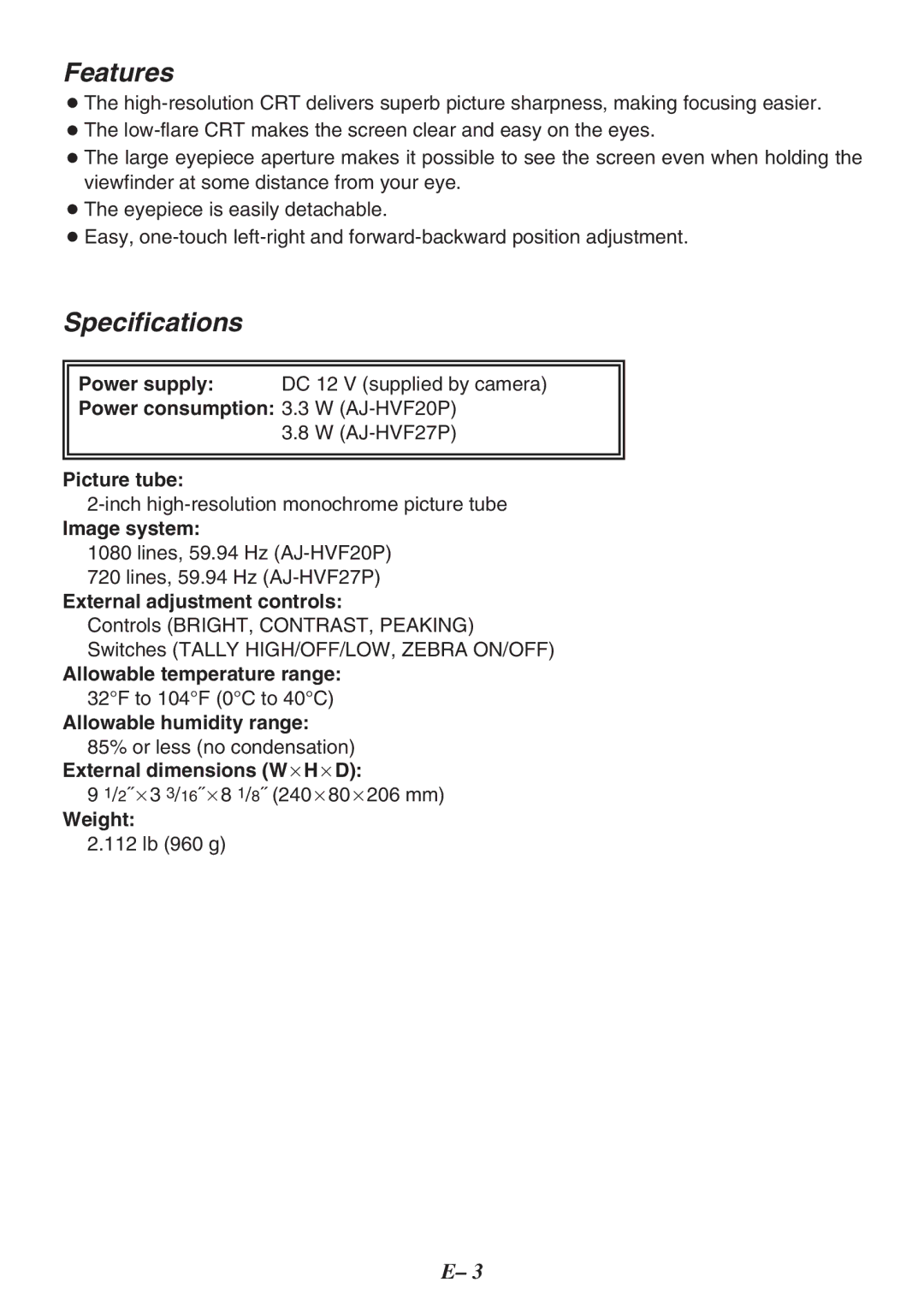 Panasonic AJ-HVF20P, AJ-HVF27P operating instructions Features, Specifications 