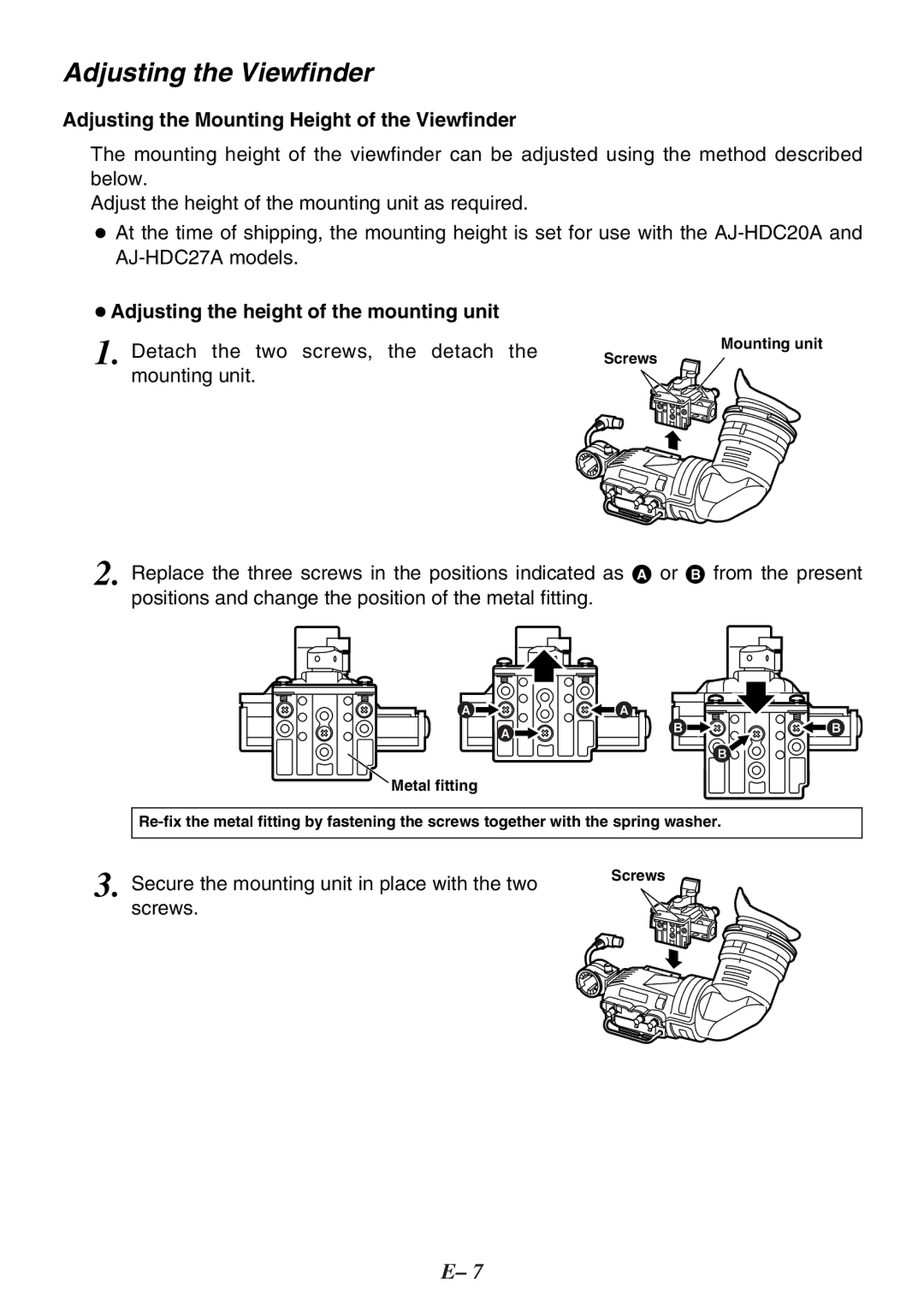 Panasonic AJ-HVF20P, AJ-HVF27P Adjusting the Viewfinder, Adjusting the Mounting Height of the Viewfinder 