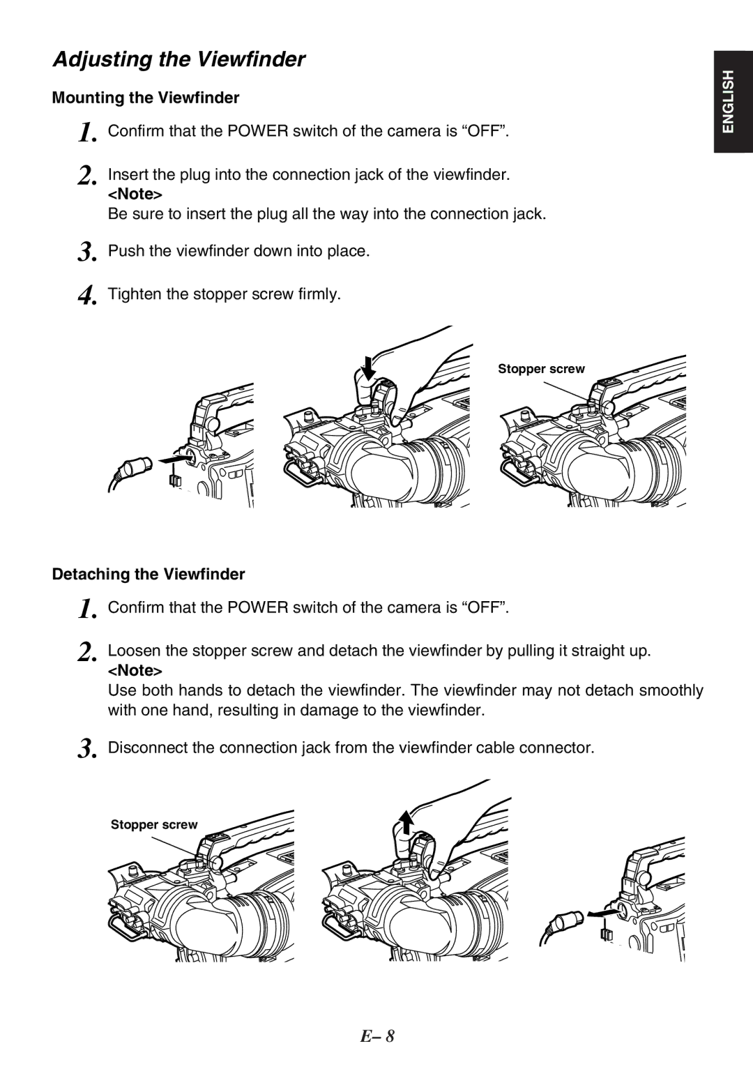 Panasonic AJ-HVF27P, AJ-HVF20P operating instructions Mounting the Viewfinder, Detaching the Viewfinder 