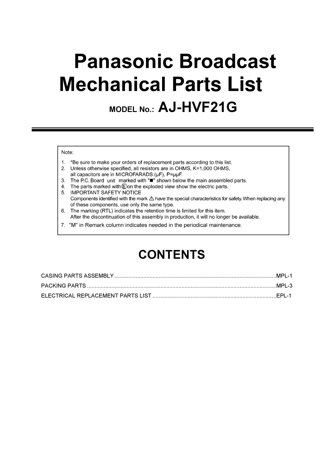 Panasonic AJ-HVF21G manual Panasonic Broadcast Mechanical Parts List 