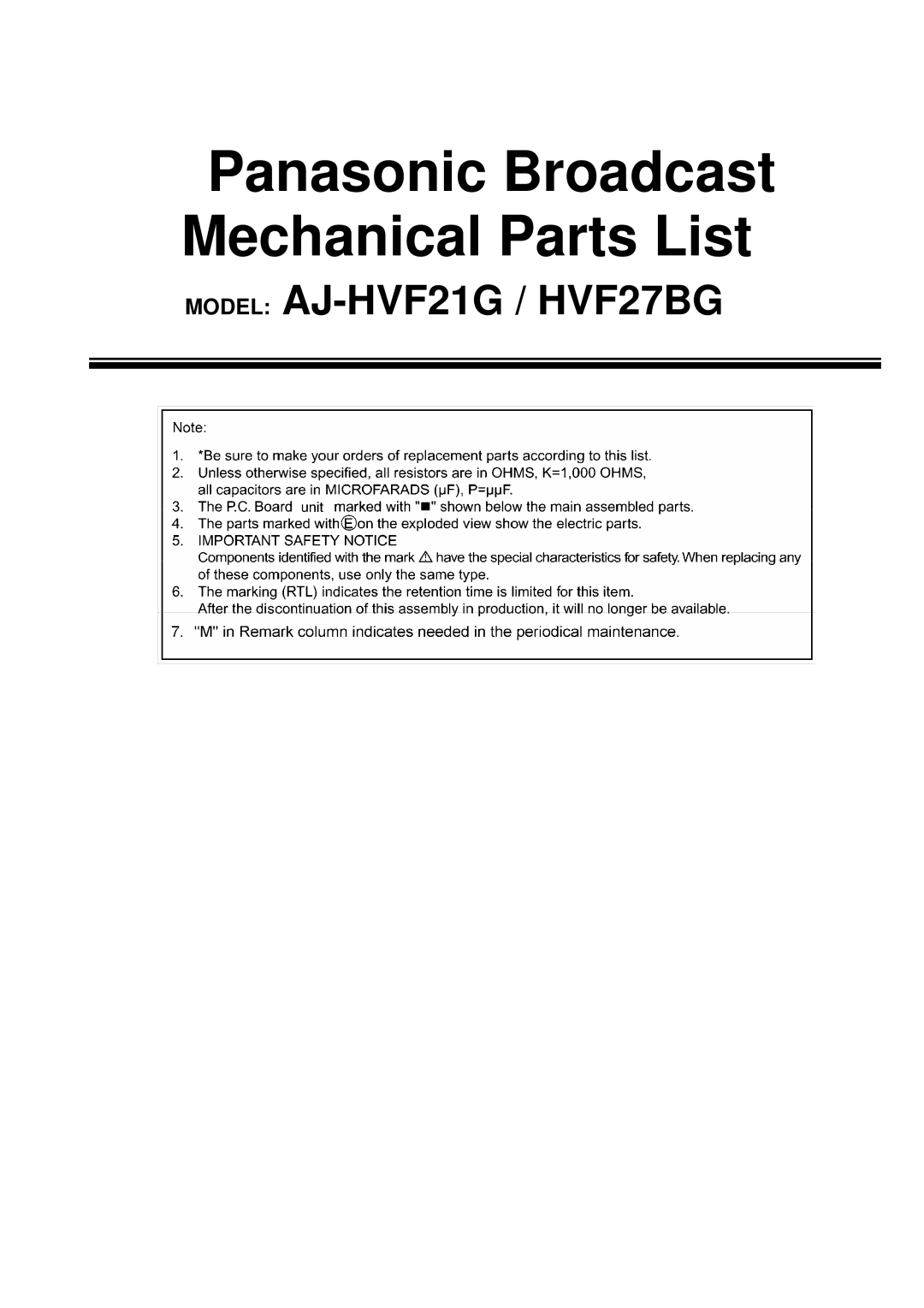 Panasonic AJ-HVF27BG manual Panasonic Broadcast Mechanical Parts List 