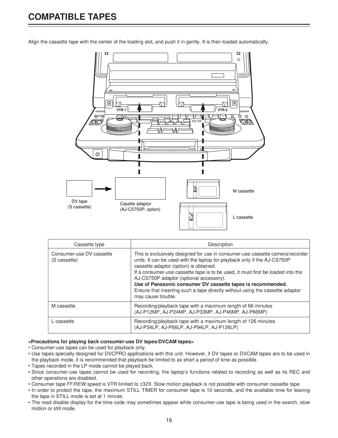 Panasonic AJ-LT85P manual Compatible Tapes, Use of Panasonic consumer DV cassette tapes is recommended 