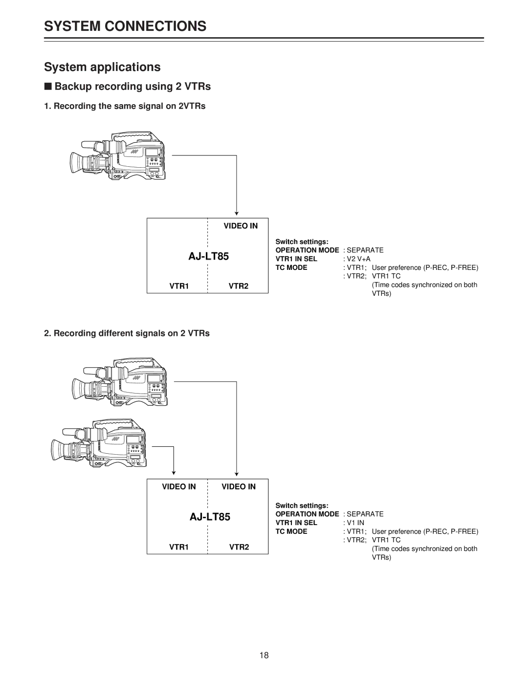 Panasonic AJ-LT85P manual System applications, Backup recording using 2 VTRs, Recording the same signal on 2VTRs, VTR1 TC 