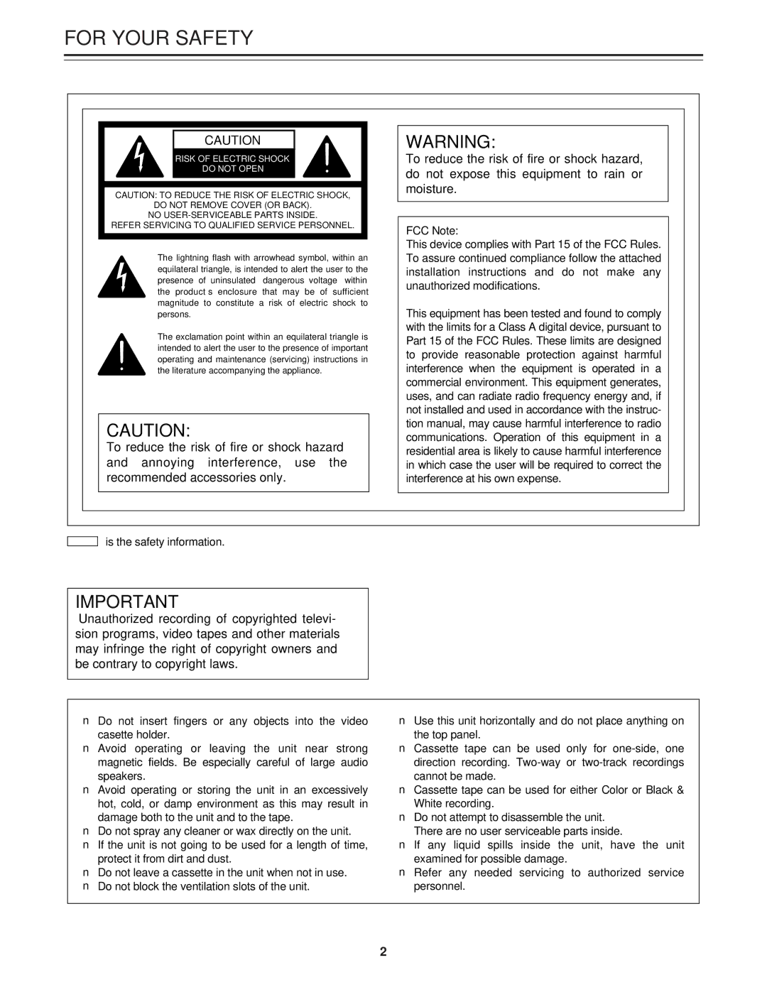 Panasonic AJ-LT85P manual For Your Safety, FCC Note 