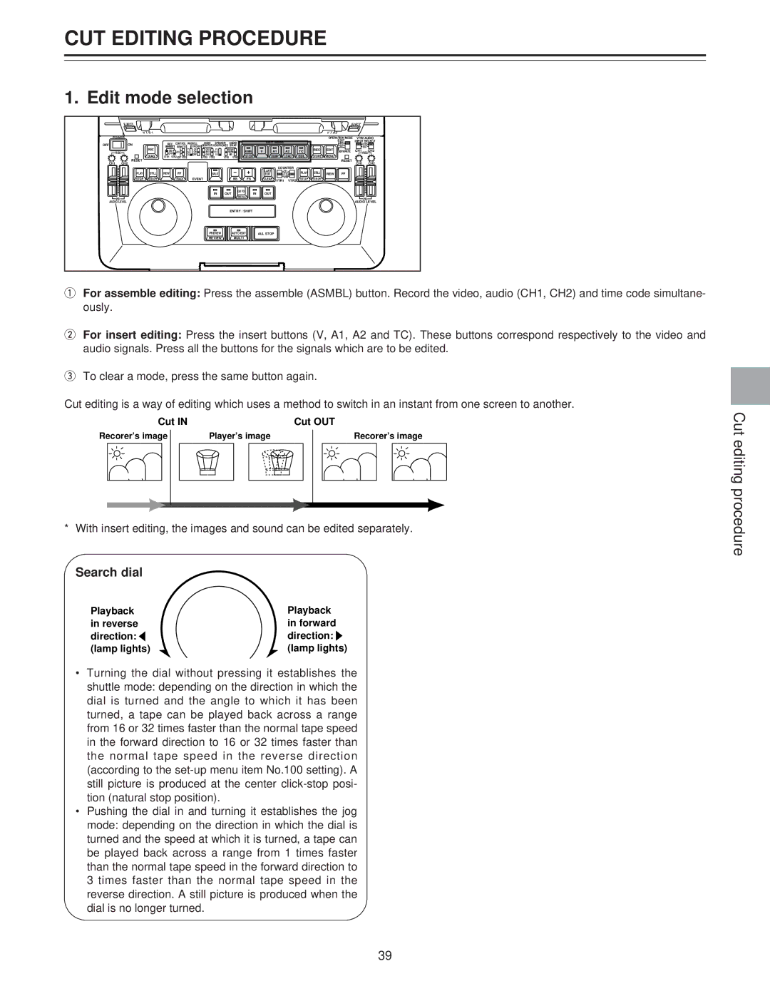 Panasonic AJ-LT85P manual CUT Editing Procedure, Edit mode selection, Search dial 