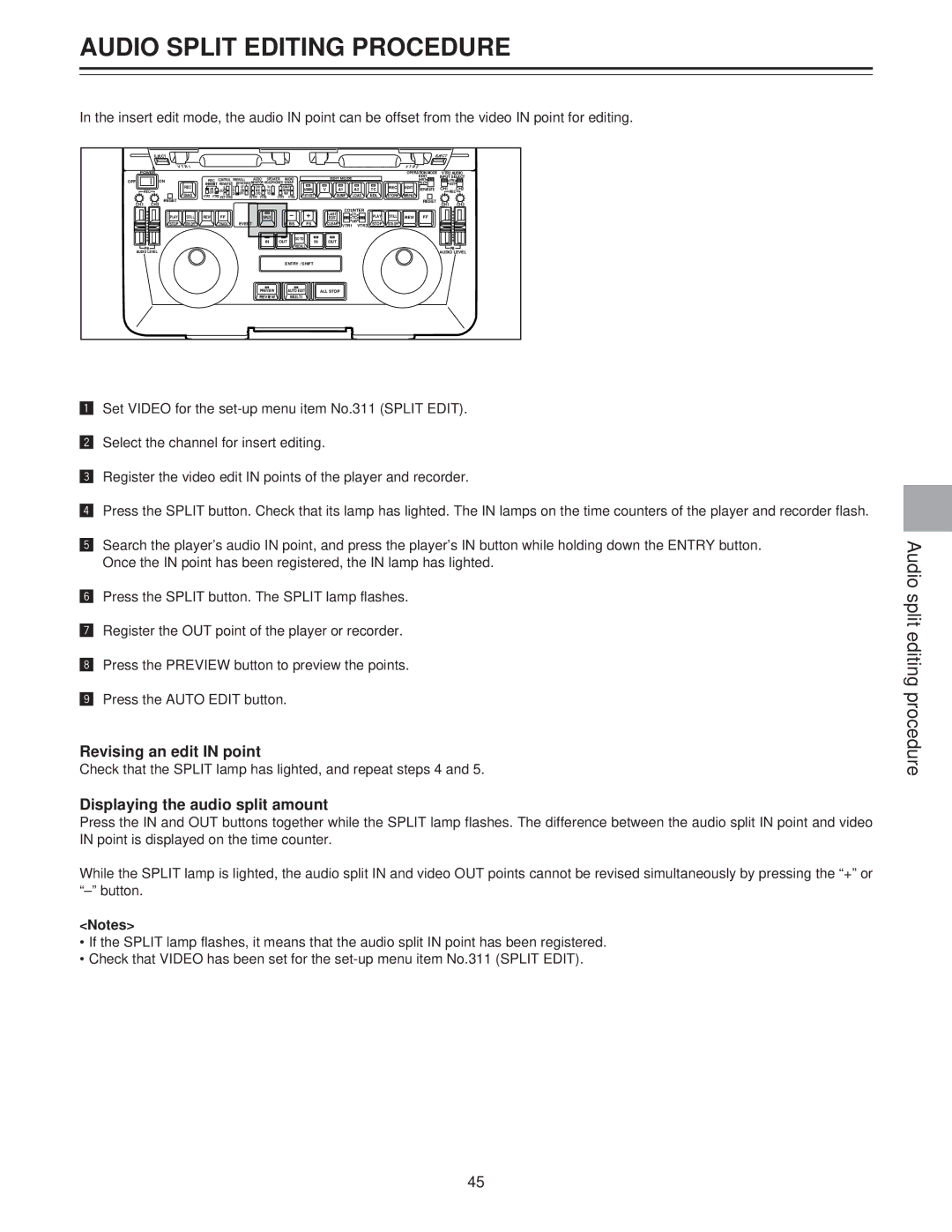 Panasonic AJ-LT85P manual Audio Split Editing Procedure, Revising an edit in point, Displaying the audio split amount 