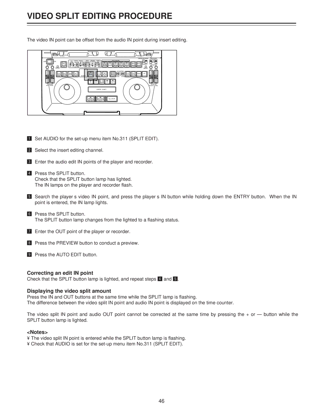 Panasonic AJ-LT85P manual Video Split Editing Procedure, Correcting an edit in point, Displaying the video split amount 