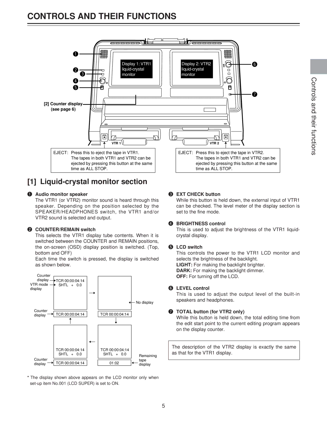 Panasonic AJ-LT85P manual Controls and Their Functions, Liquid-crystal monitor section 