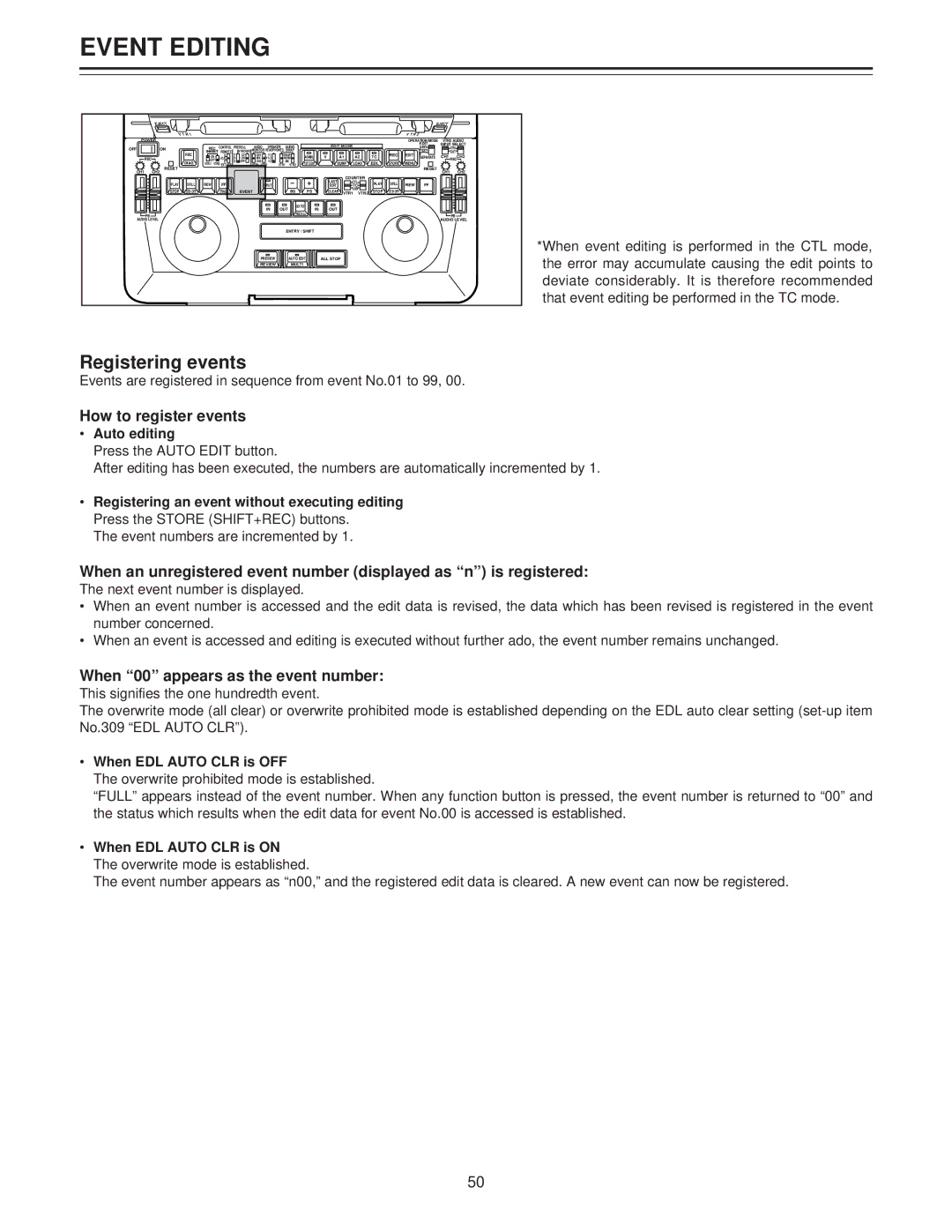 Panasonic AJ-LT85P manual Event Editing, Registering events, How to register events, When 00 appears as the event number 