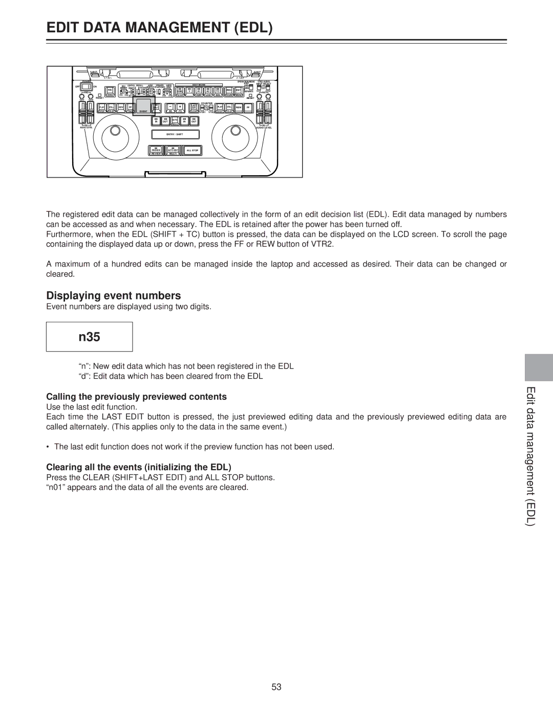 Panasonic AJ-LT85P Edit Data Management EDL, N35, Displaying event numbers, Calling the previously previewed contents 