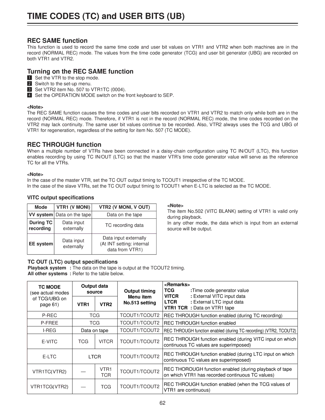 Panasonic AJ-LT85P manual Turning on the REC Same function, REC Through function, Vitc output specifications 