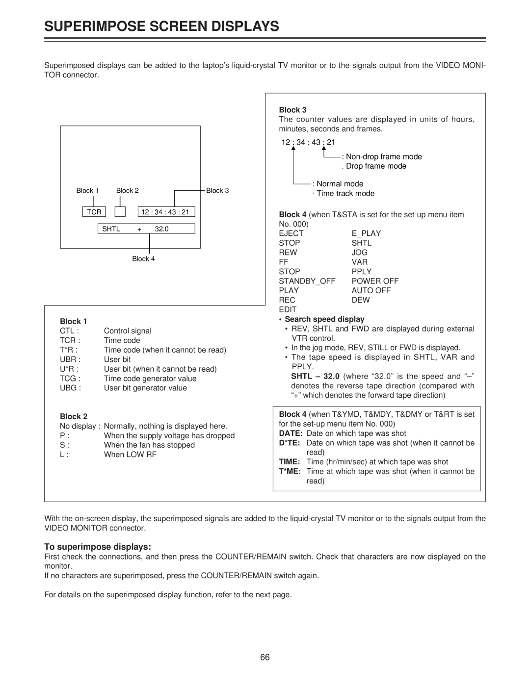 Panasonic AJ-LT85P manual Superimpose Screen Displays, To superimpose displays, Block, Search speed display 