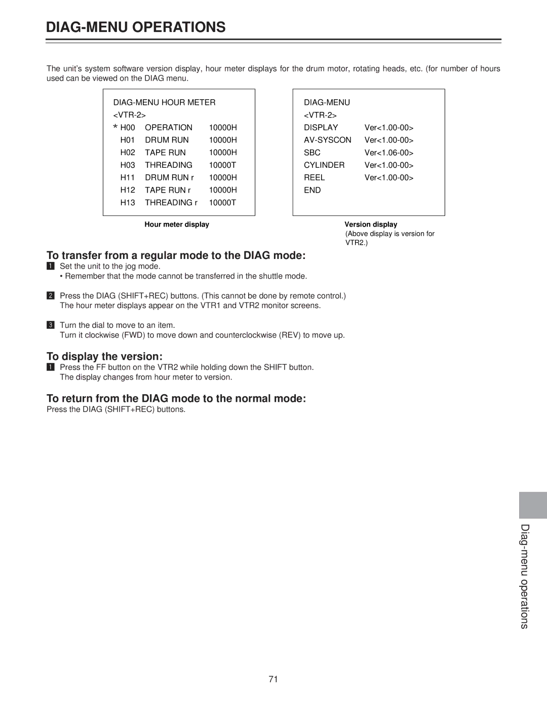 Panasonic AJ-LT85P manual DIAG-MENU Operations, To transfer from a regular mode to the Diag mode, To display the version 