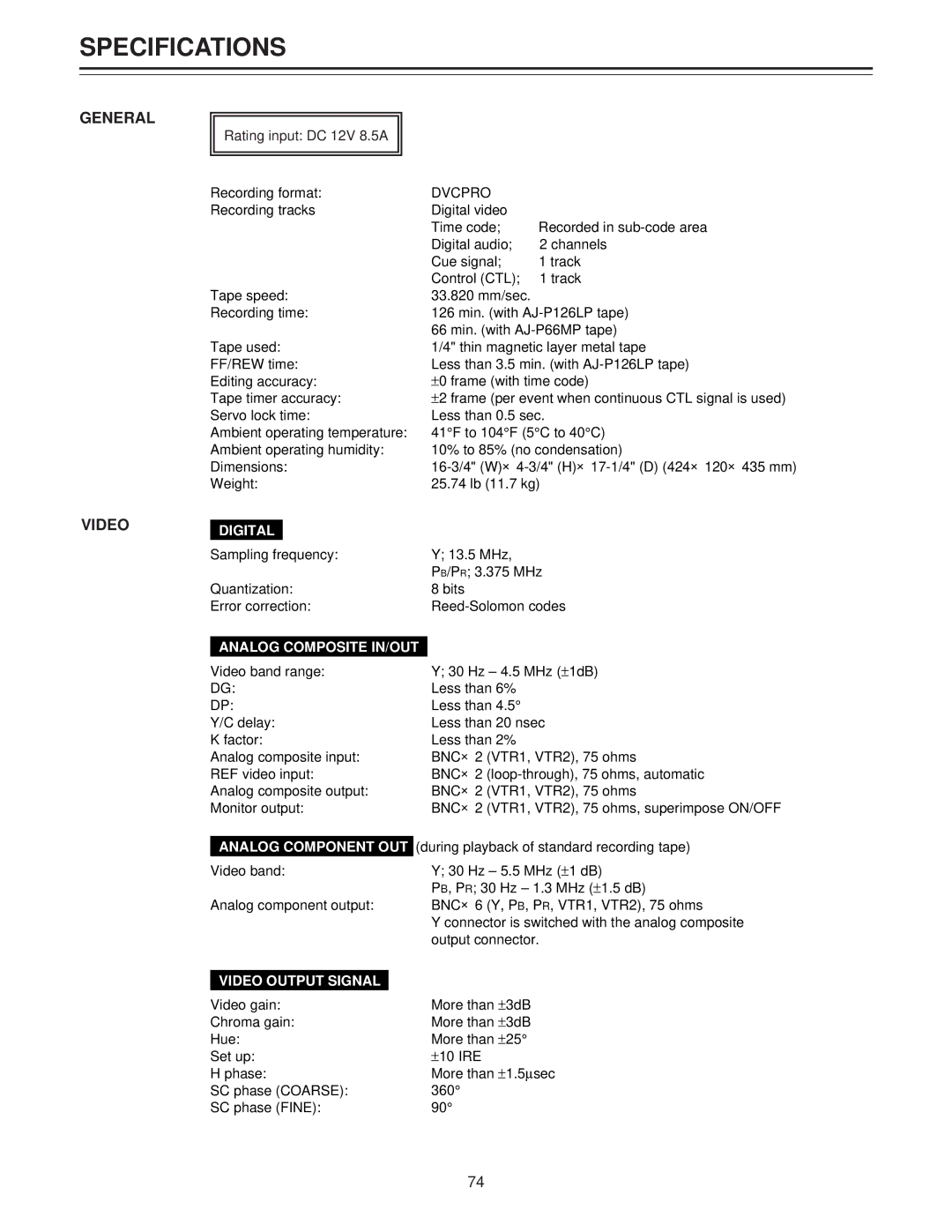 Panasonic AJ-LT85P manual Specifications, General Video 