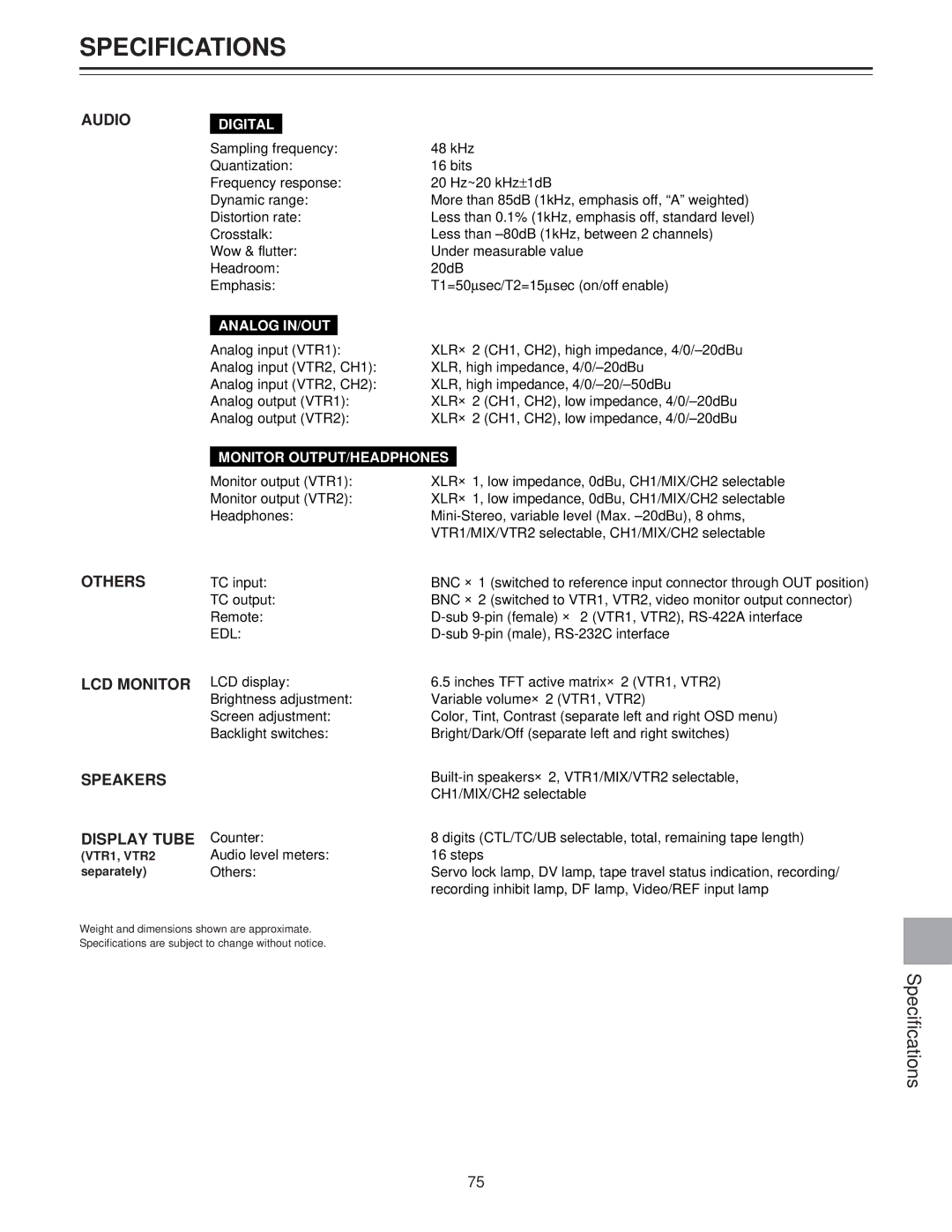 Panasonic AJ-LT85P manual Specifications 