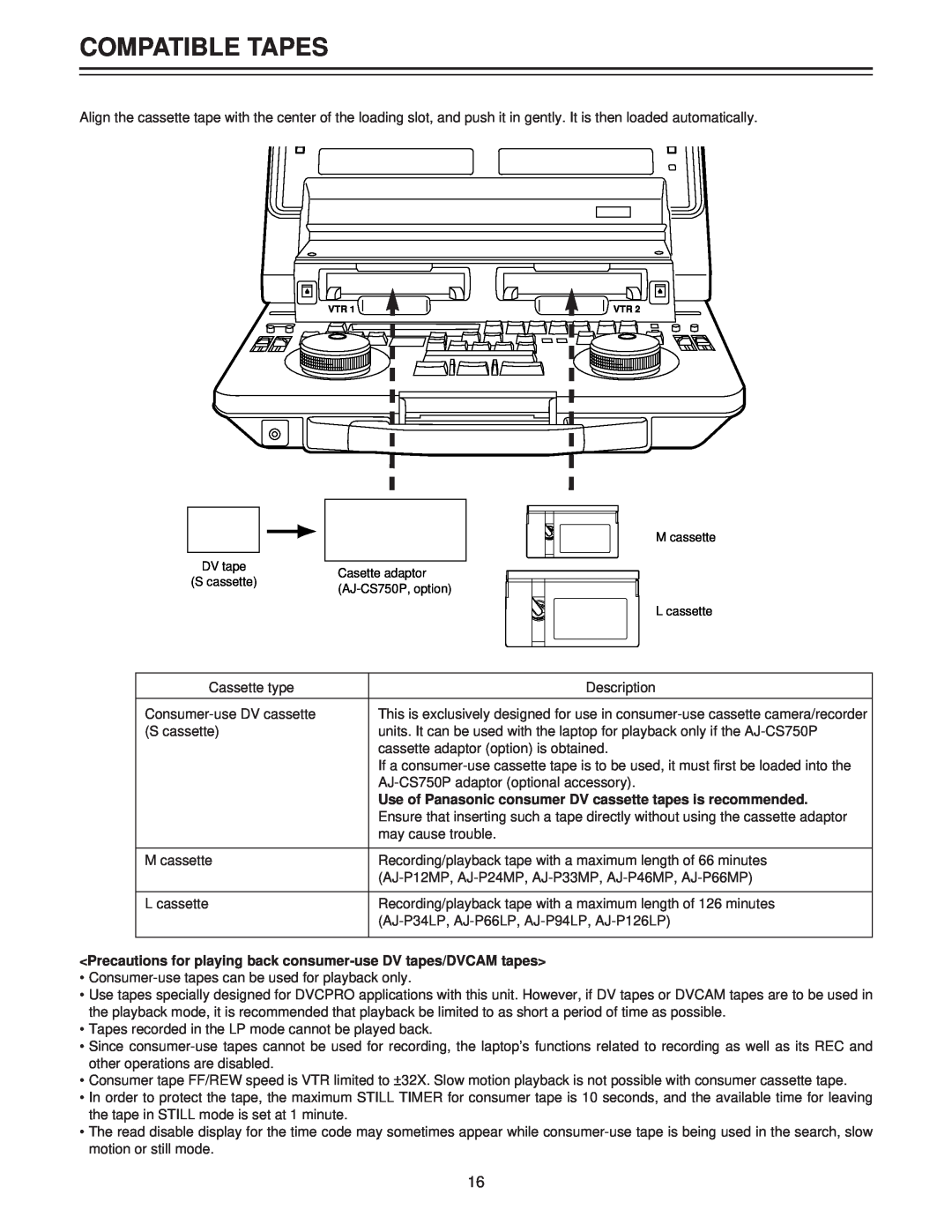 Panasonic AJ-LT85P manual Compatible Tapes, Use of Panasonic consumer DV cassette tapes is recommended 