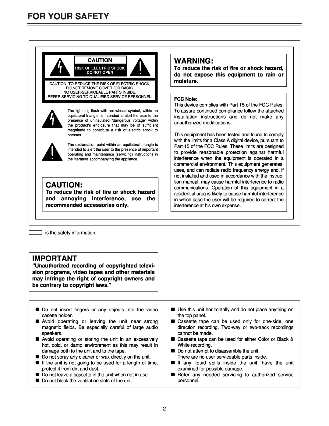 Panasonic AJ-LT85P manual For Your Safety, FCC Note 