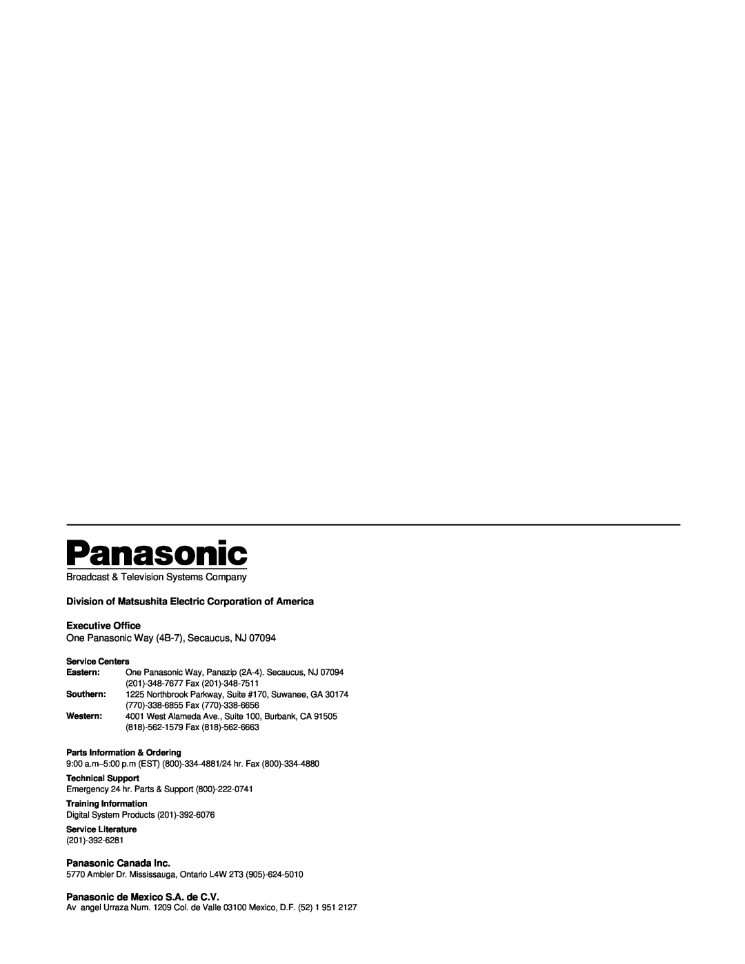 Panasonic AJ-LT85P manual Broadcast & Television Systems Company, Division of Matsushita Electric Corporation of America 
