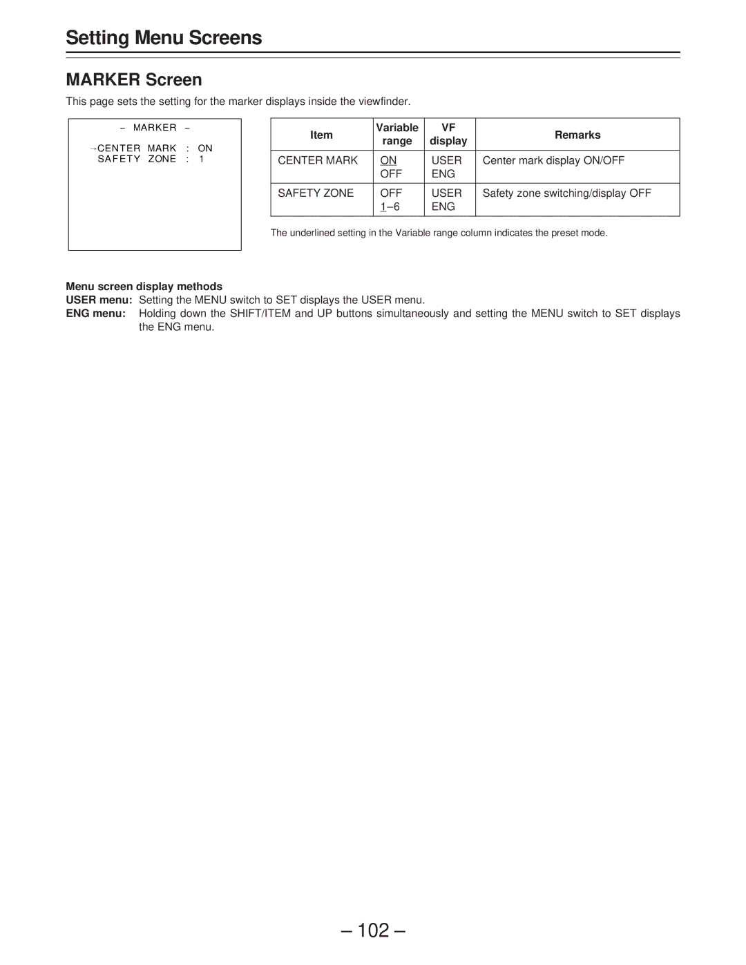 Panasonic AJ-PD900WP Setting Menu Screens, 102, Marker Screen, Menu screen display methods Variable Remarks Range Display 