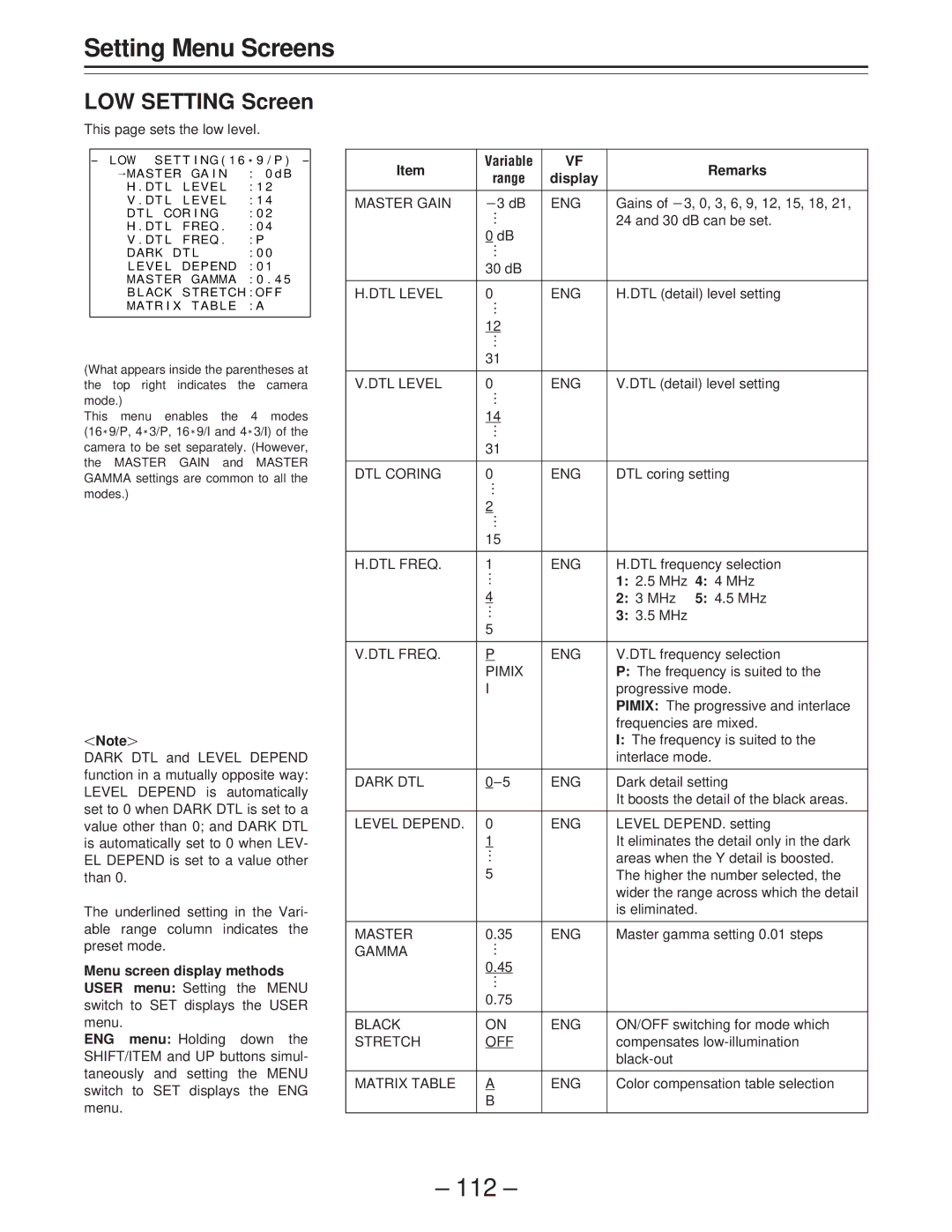 Panasonic AJ-PD900WP operating instructions 112, LOW Setting Screen 