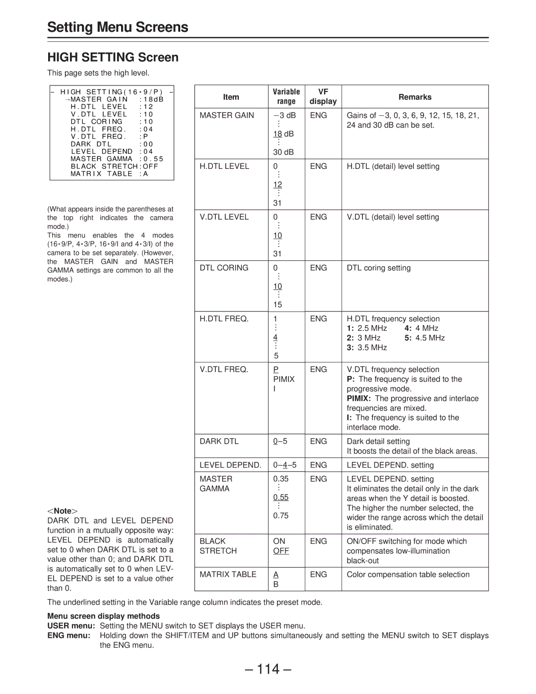 Panasonic AJ-PD900WP operating instructions 114, High Setting Screen, Gamma, Black ENG 