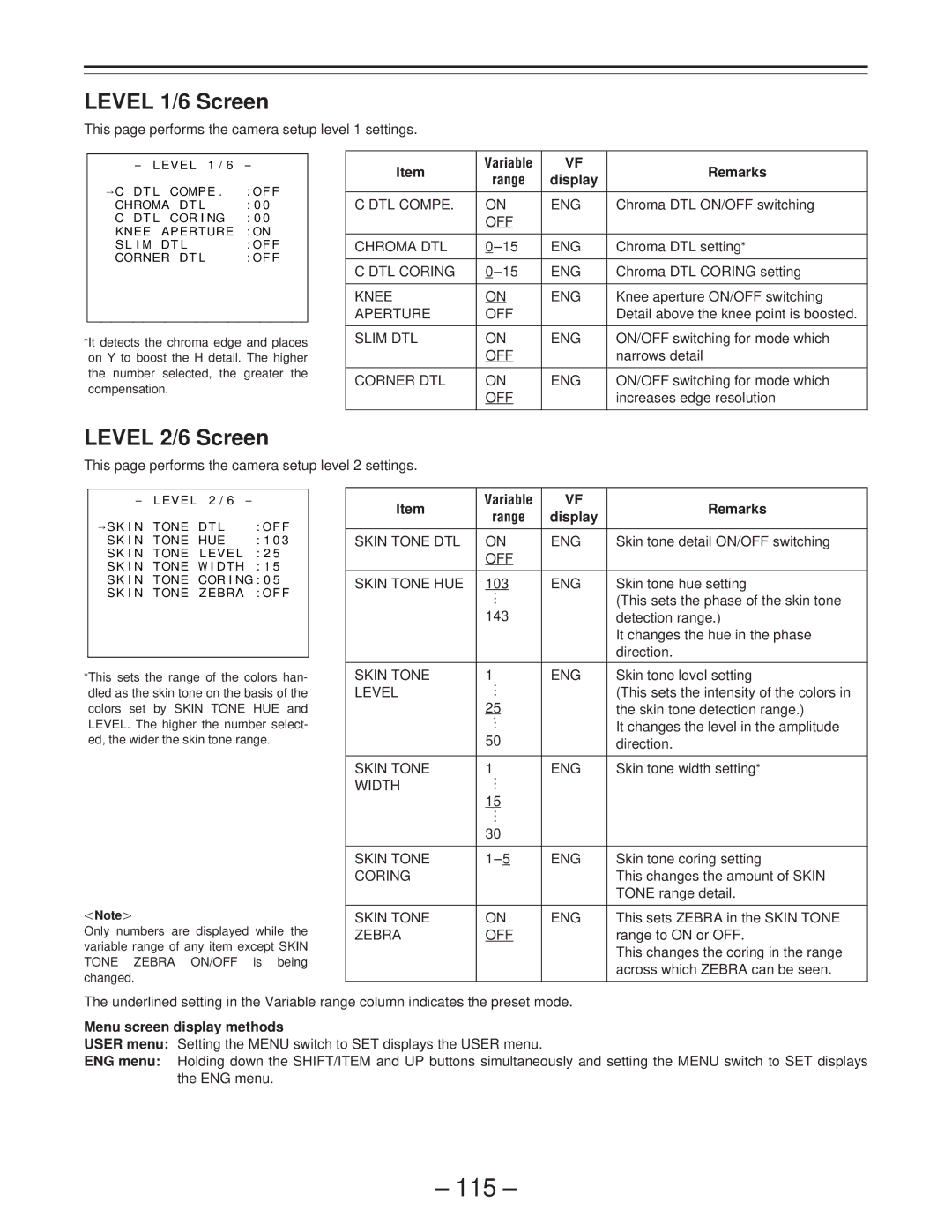 Panasonic AJ-PD900WP operating instructions 115, Level 1/6 Screen, Level 2/6 Screen 