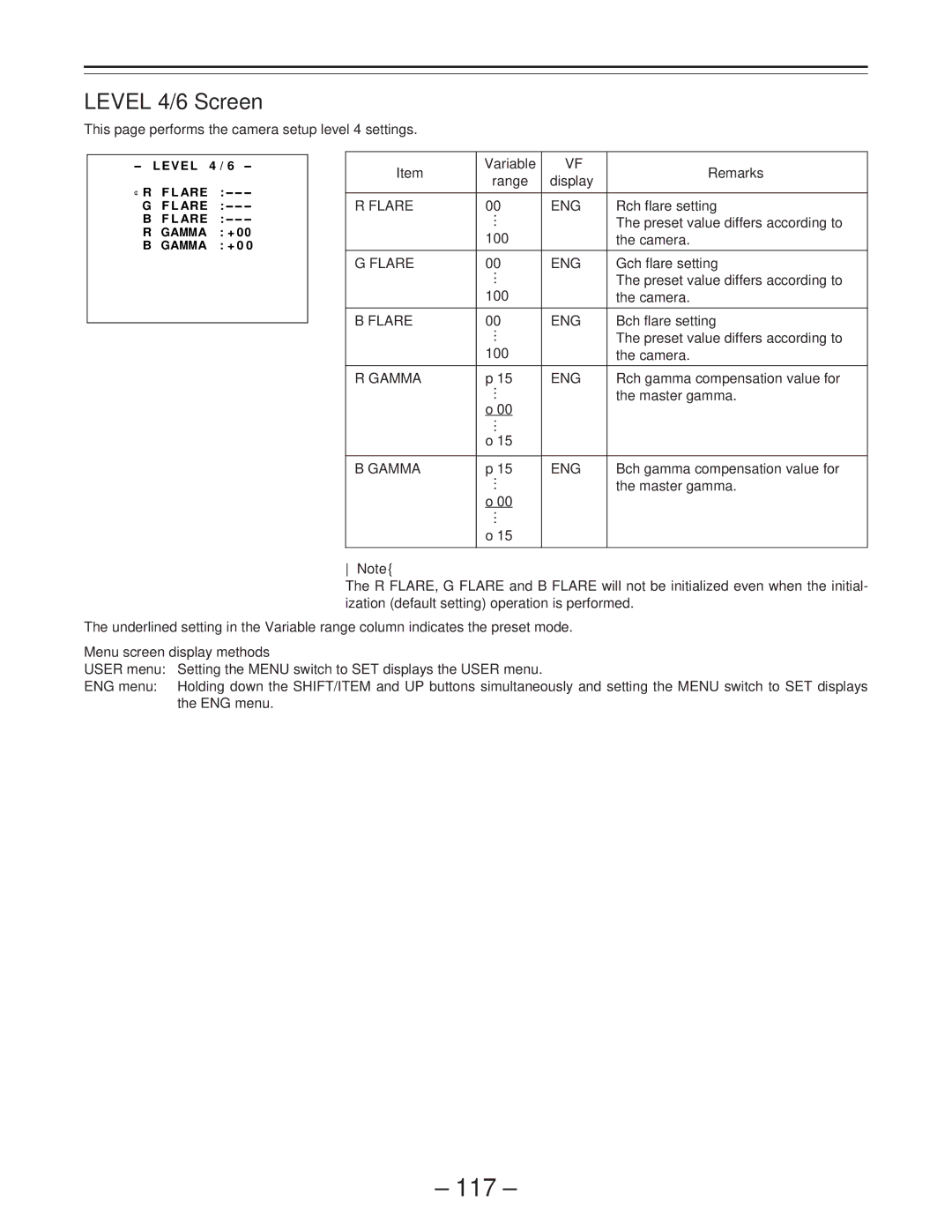 Panasonic AJ-PD900WP operating instructions 117, Level 4/6 Screen, Flare ENG 