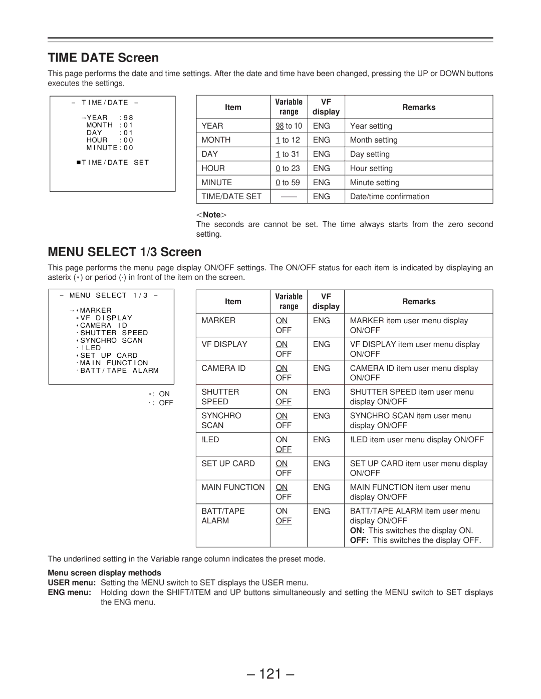 Panasonic AJ-PD900WP operating instructions 121, Time Date Screen, Menu Select 1/3 Screen 