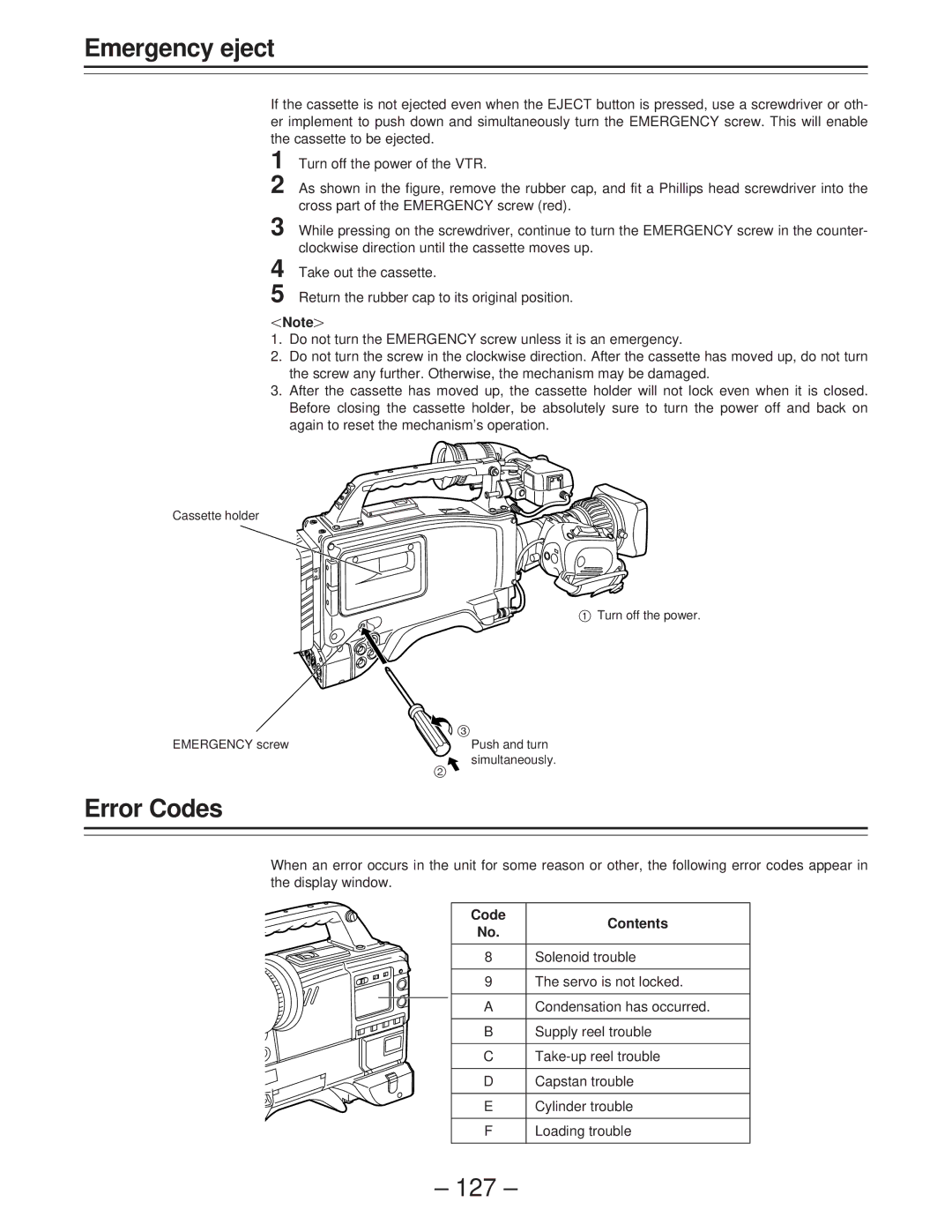 Panasonic AJ-PD900WP operating instructions Emergency eject, Error Codes, 127, Code Contents 