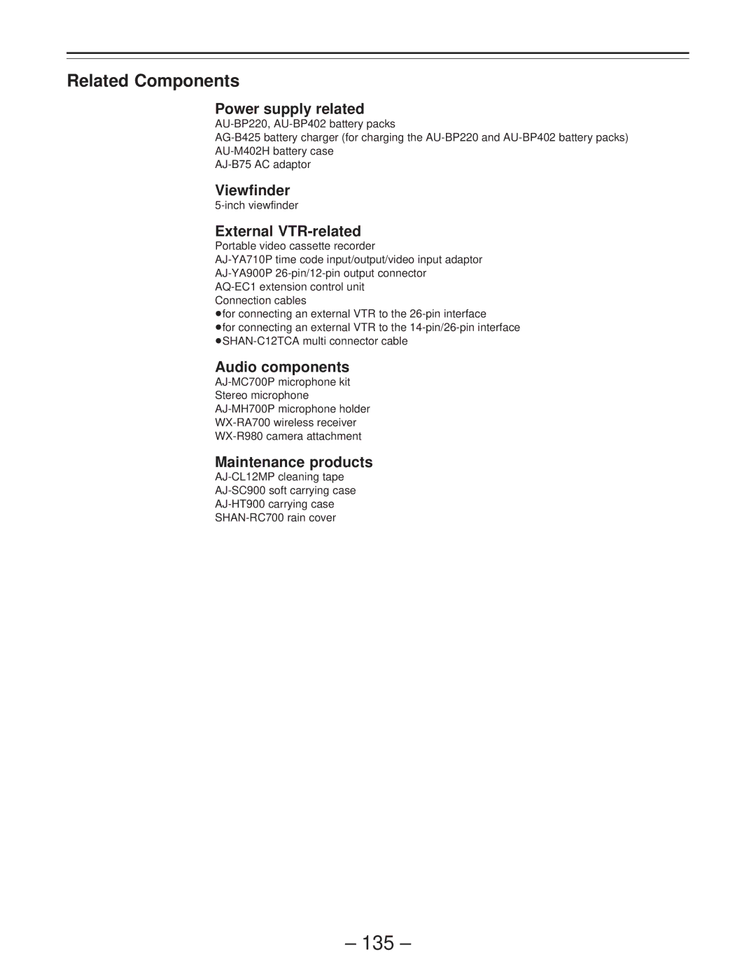 Panasonic AJ-PD900WP operating instructions 135, Related Components 