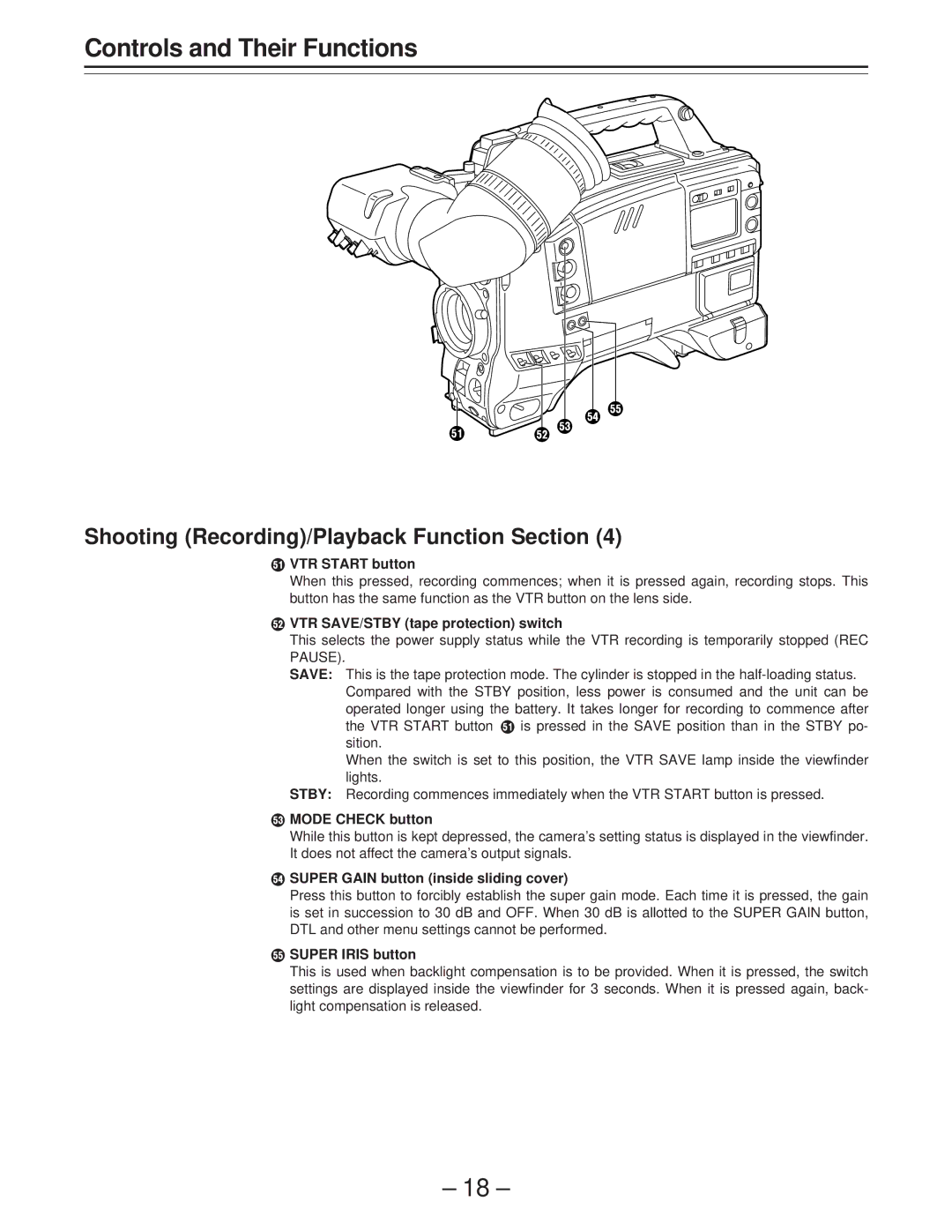 Panasonic AJ-PD900WP · VTR Start button, ¸ VTR SAVE/STBY tape protection switch, ¹ Mode Check button, » Super Iris button 