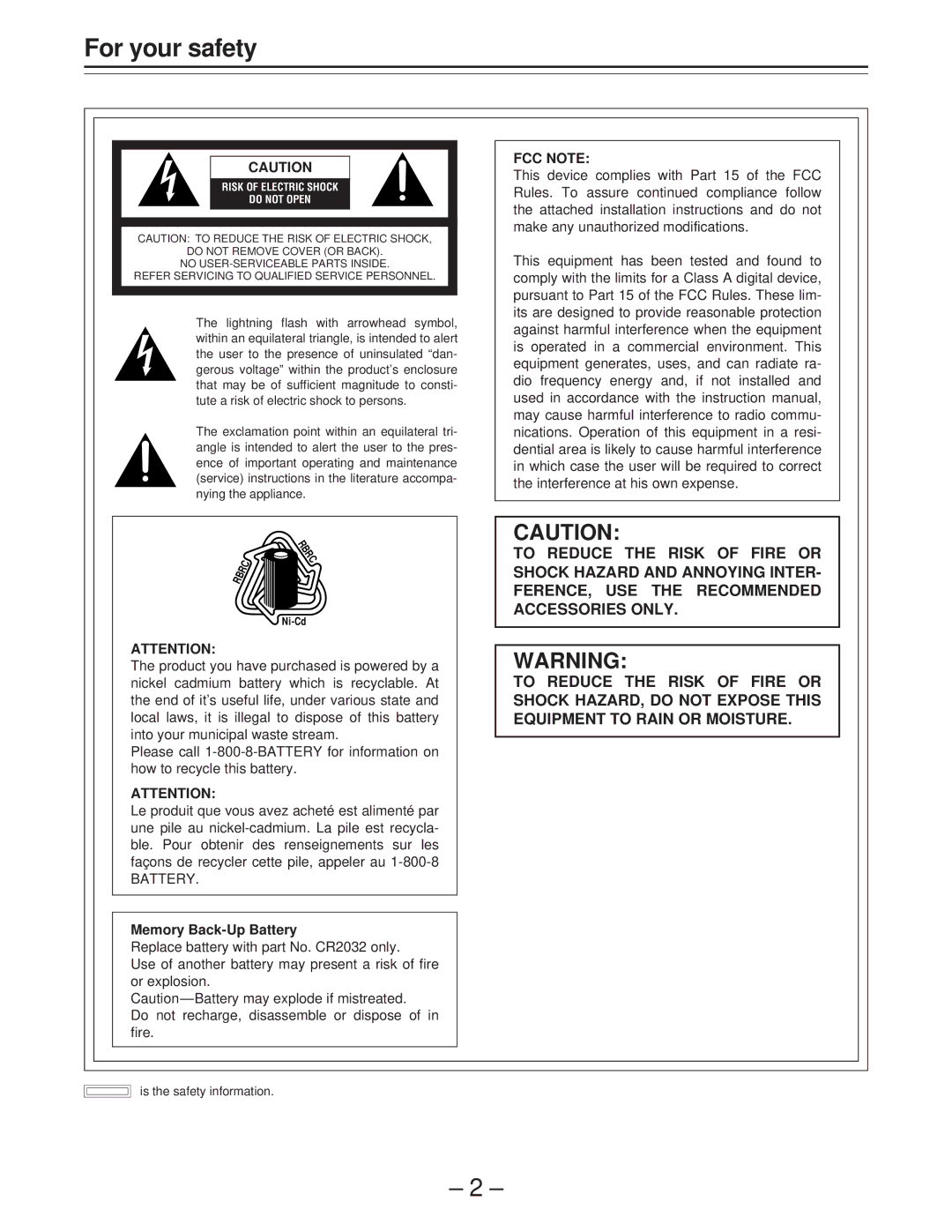 Panasonic AJ-PD900WP operating instructions For your safety, Memory Back-Up Battery 