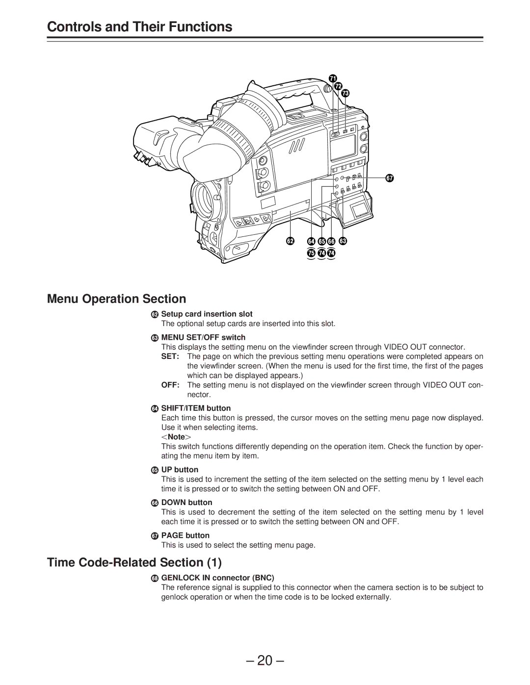 Panasonic AJ-PD900WP operating instructions Menu Operation Section, Time Code-Related Section 