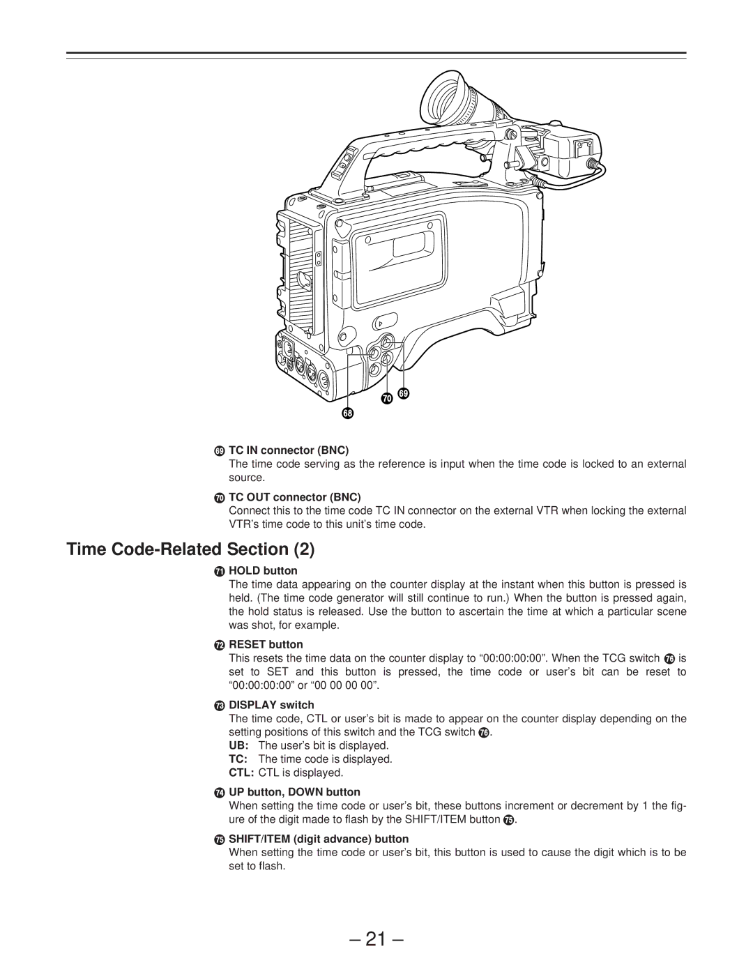 Panasonic AJ-PD900WP TC in connector BNC, TC OUT connector BNC, Hold button, Reset button, Display switch 