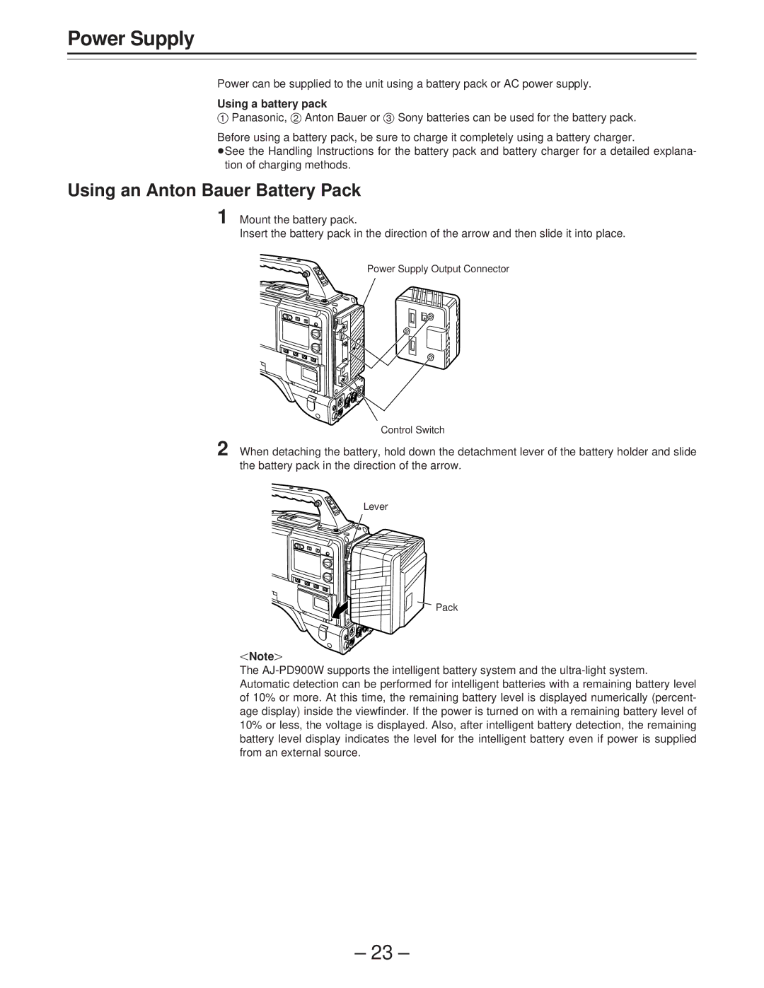 Panasonic AJ-PD900WP operating instructions Power Supply, Using an Anton Bauer Battery Pack, Using a battery pack 