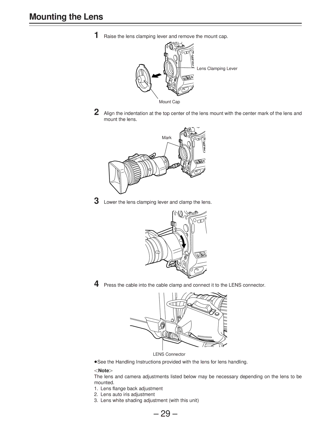 Panasonic AJ-PD900WP operating instructions Mounting the Lens, Raise the lens clamping lever and remove the mount cap 