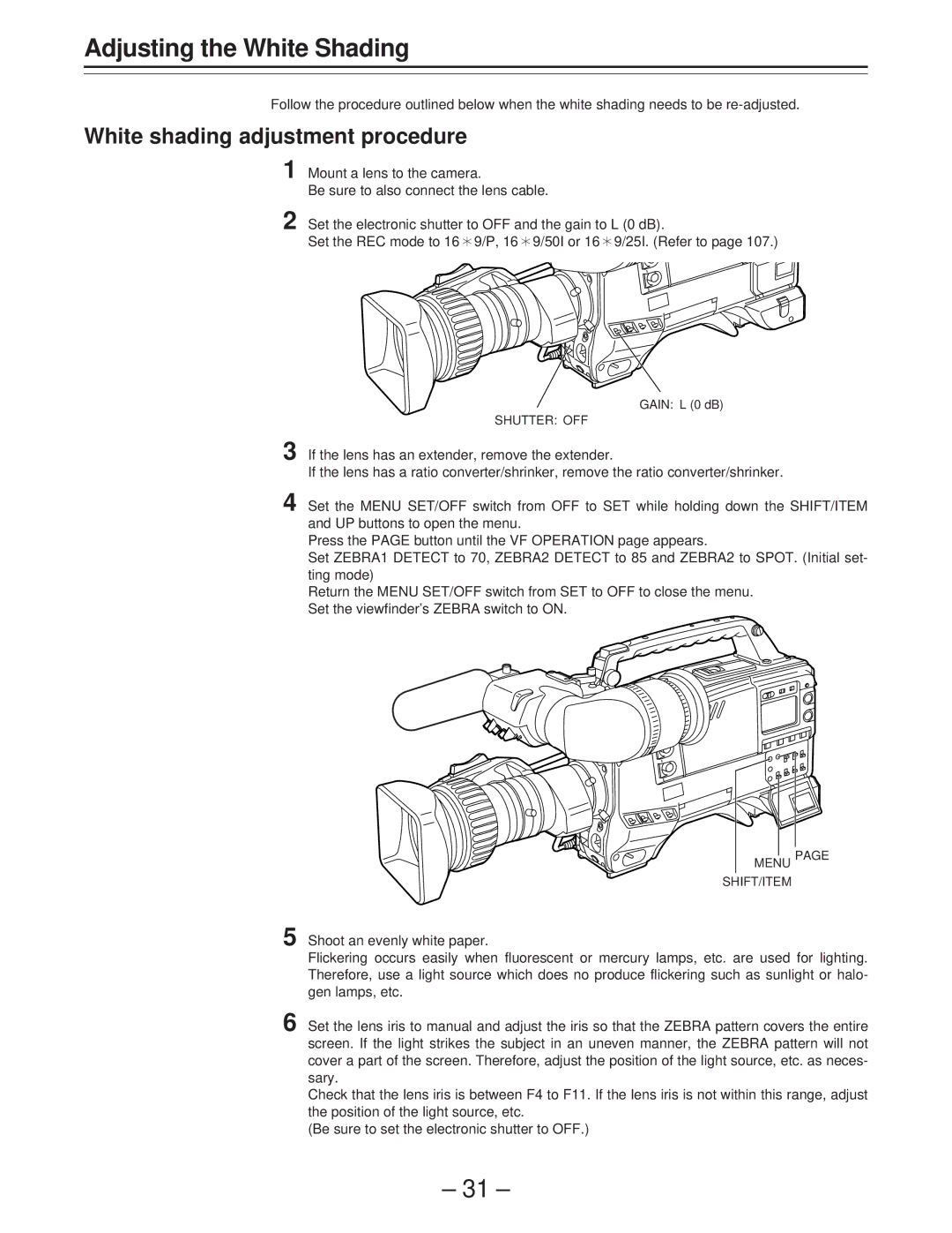 Panasonic AJ-PD900WP operating instructions Adjusting the White Shading, White shading adjustment procedure 