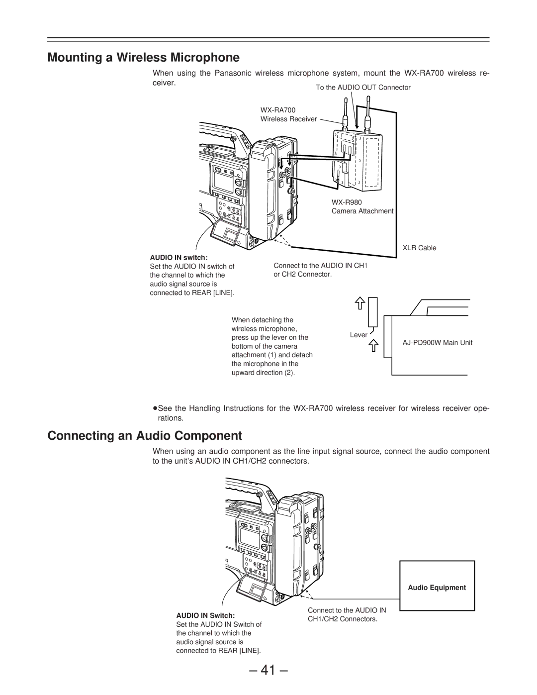 Panasonic AJ-PD900WP operating instructions Mounting a Wireless Microphone, Connecting an Audio Component 