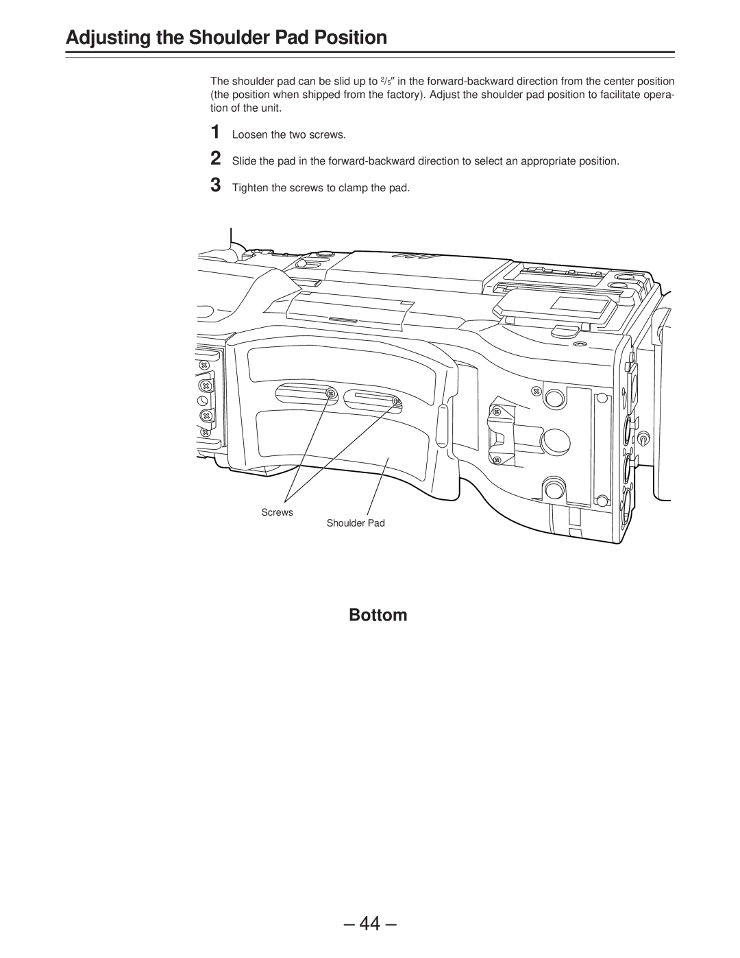 Panasonic AJ-PD900WP operating instructions Adjusting the Shoulder Pad Position, Bottom 