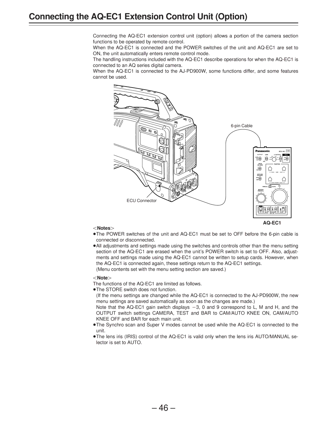 Panasonic AJ-PD900WP operating instructions Connecting the AQ-EC1 Extension Control Unit Option, Pin Cable ECU Connector 